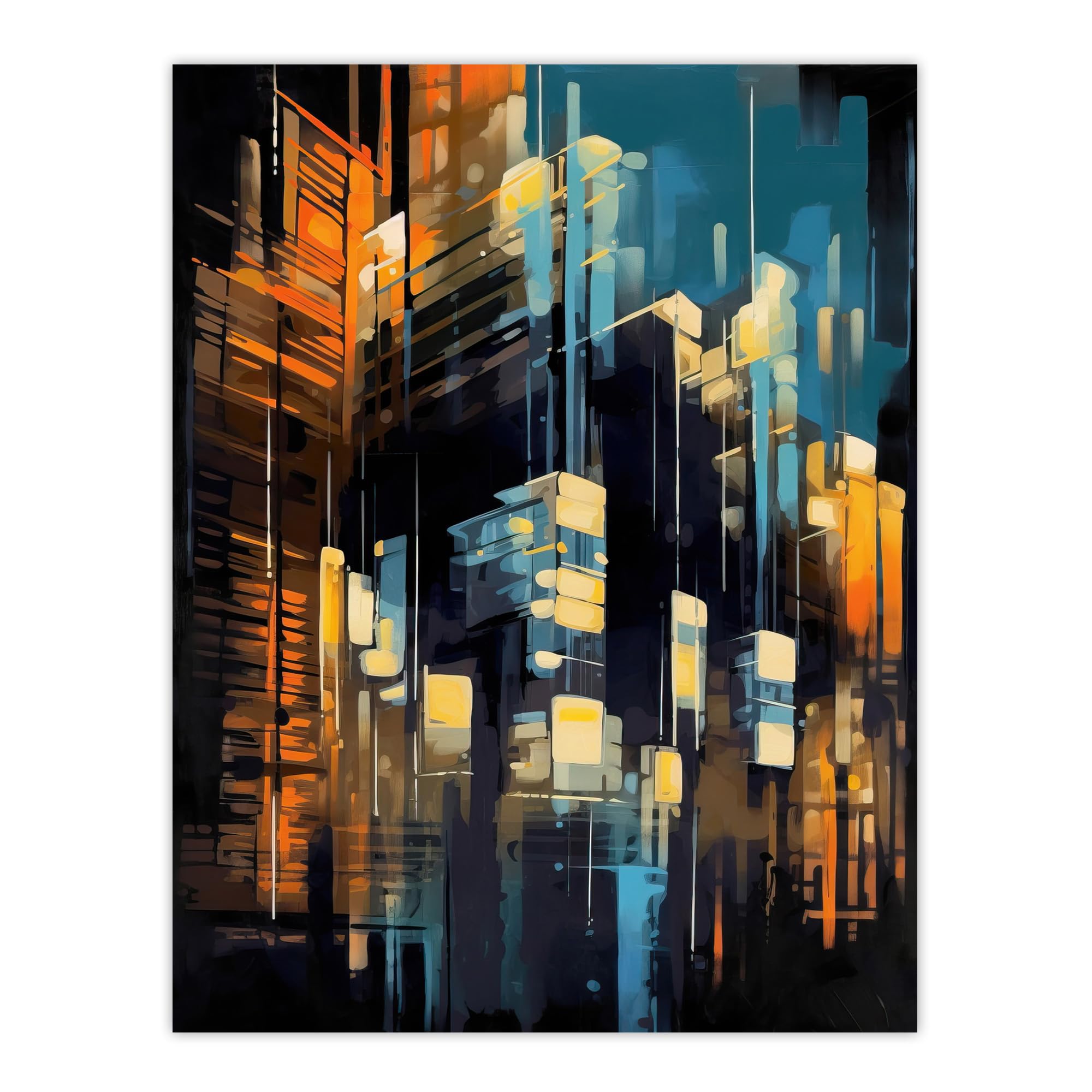 Artery8 Downtown Motown Skyscraper Architectural Blue Orange Painting Modern New York Large Wall Art Poster Print Thick Paper 18X24 Inch