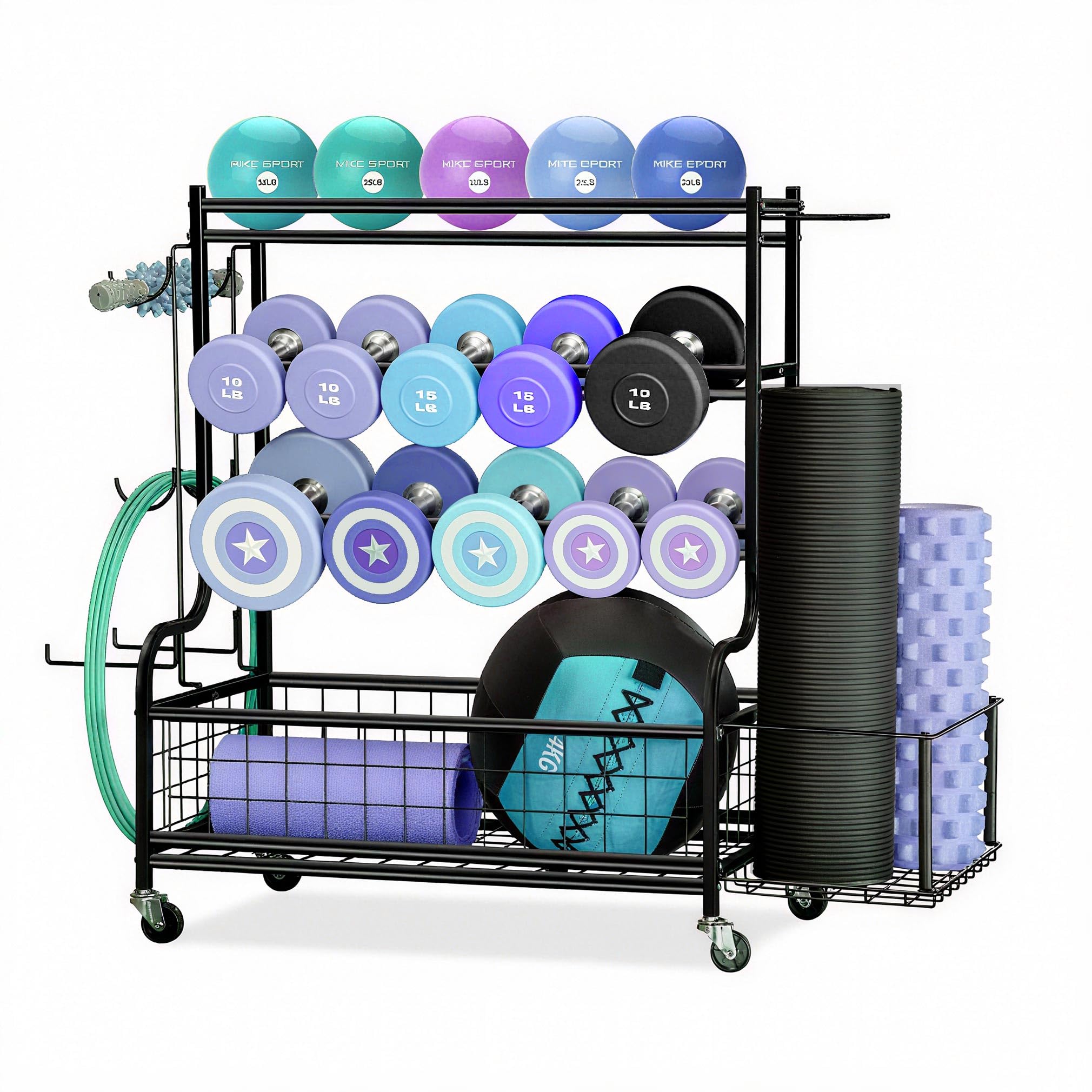 Dumbbell Rack with Wheels, Heavy Duty Home Gym Storage Organizer for Dumbbells, Kettlebells & Yoga Mats, Multi-type Weights Rack 200KG Capacity, 6 Hooks & Lockable Casters