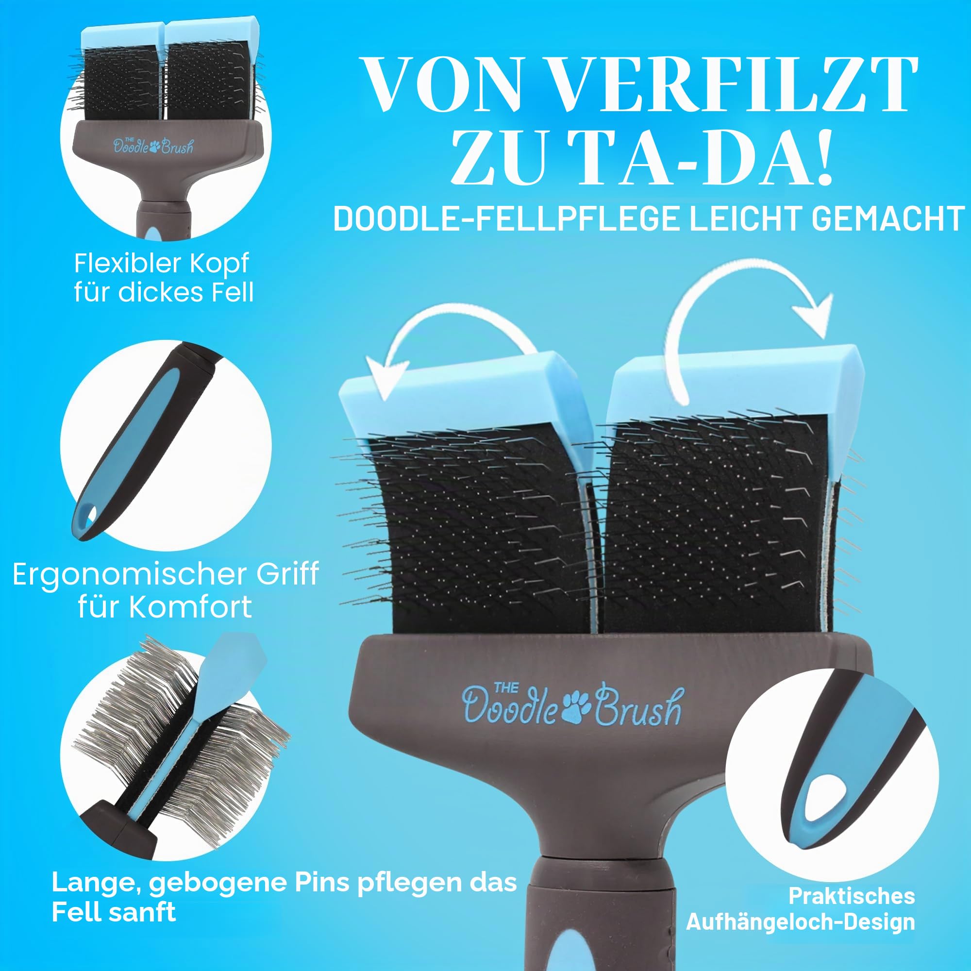 The Doodle Brush Slicker-Bürste für Hunde für Doodles & Pudel, Doppelkopf | Lange Pins, Flexibler Bürstenkopf, Sanftes Entfilzen, Lockiges Fell, Für Langhaarige Rassen, Tägliche Pflege, Goldendoodles