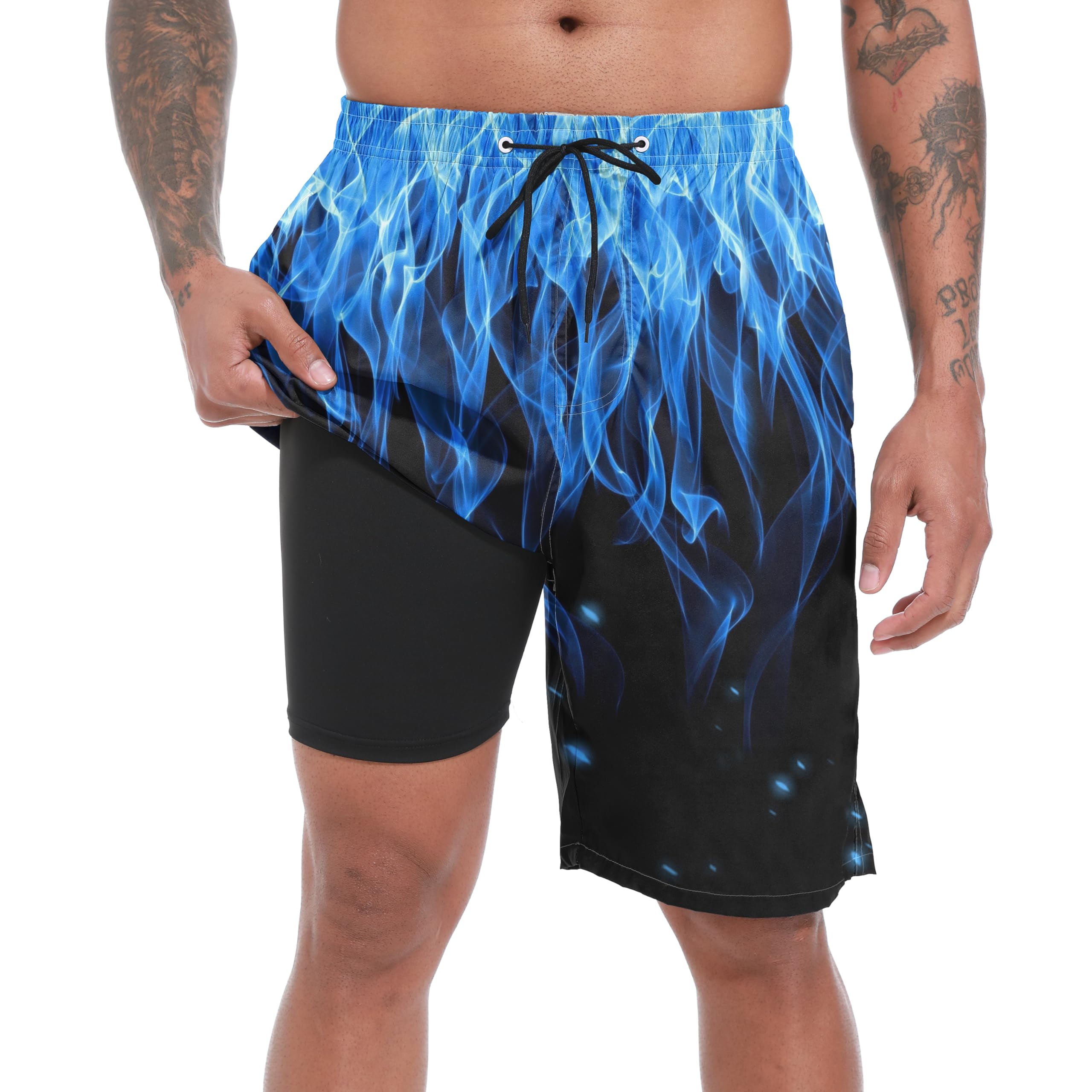 FT FENTENG Mens Swim Trunks with Compression Liner 9" Big and Tall Board Shorts 2 in 1 Quick Dry Long Swimwear Bathing Suits