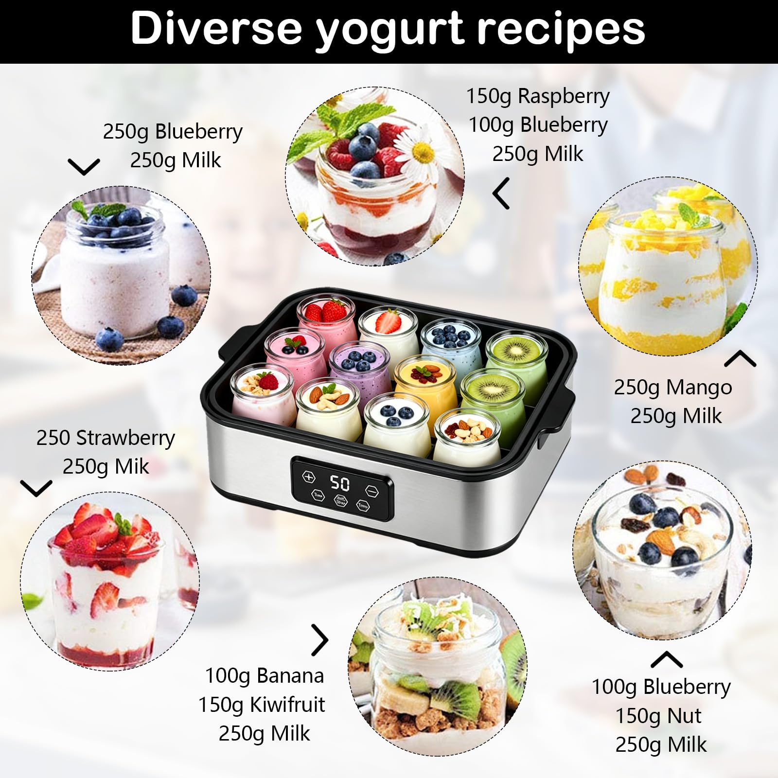 Yogurtiera Elettrica 2200 ml, con 12 × 180 ml Vasetti in Vetro, Macchina Digitale in Acciaio Inox, Yogurt Maker Automatico per Yogurt Fatti in Casa, Formaggio o Natto