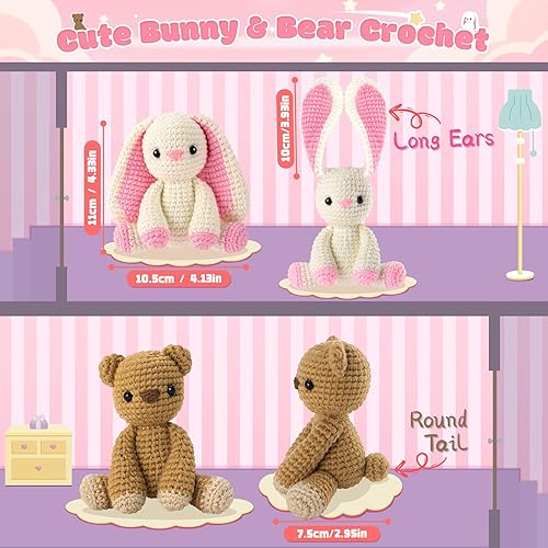 Miniatura 3 de Kit de ganchillo para principiantes, kit de animales de ganchillo de conejo y oso con tutoriales en video paso a paso, kit de ganchillo para