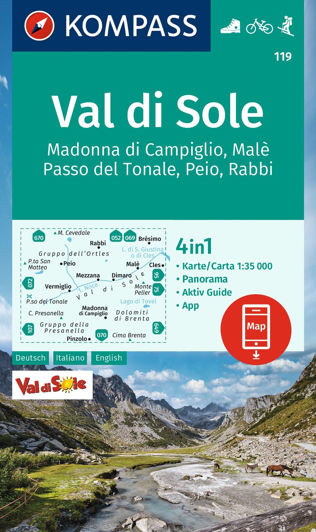 Carta escursionistica Kom 119. Val di Sole, Madonna di Campiglio, Malè, Passo del Tonale, Peio, Rabbi: 4in1 Wanderkarte mit Panorama und Aktiv Guide ... in der KOMPASS-App. Fahrradfahren. Skitouren.