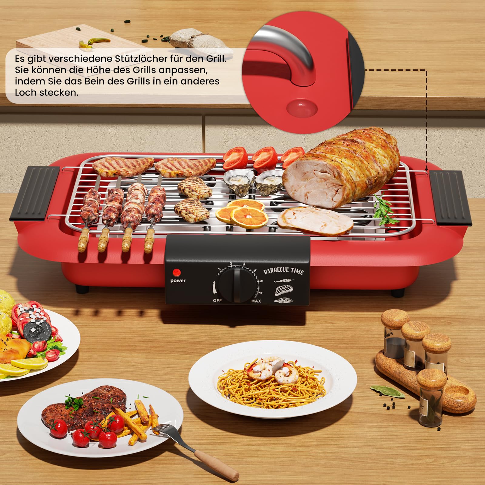 Barbacoa eléctrica de mesa eléctrica, barbacoa eléctrica, parrilla antiadherente sin humo para interiores/exteriores, 2000 W, tubo doble, parrilla de pie portátil extraíble de alta potencia (rojo