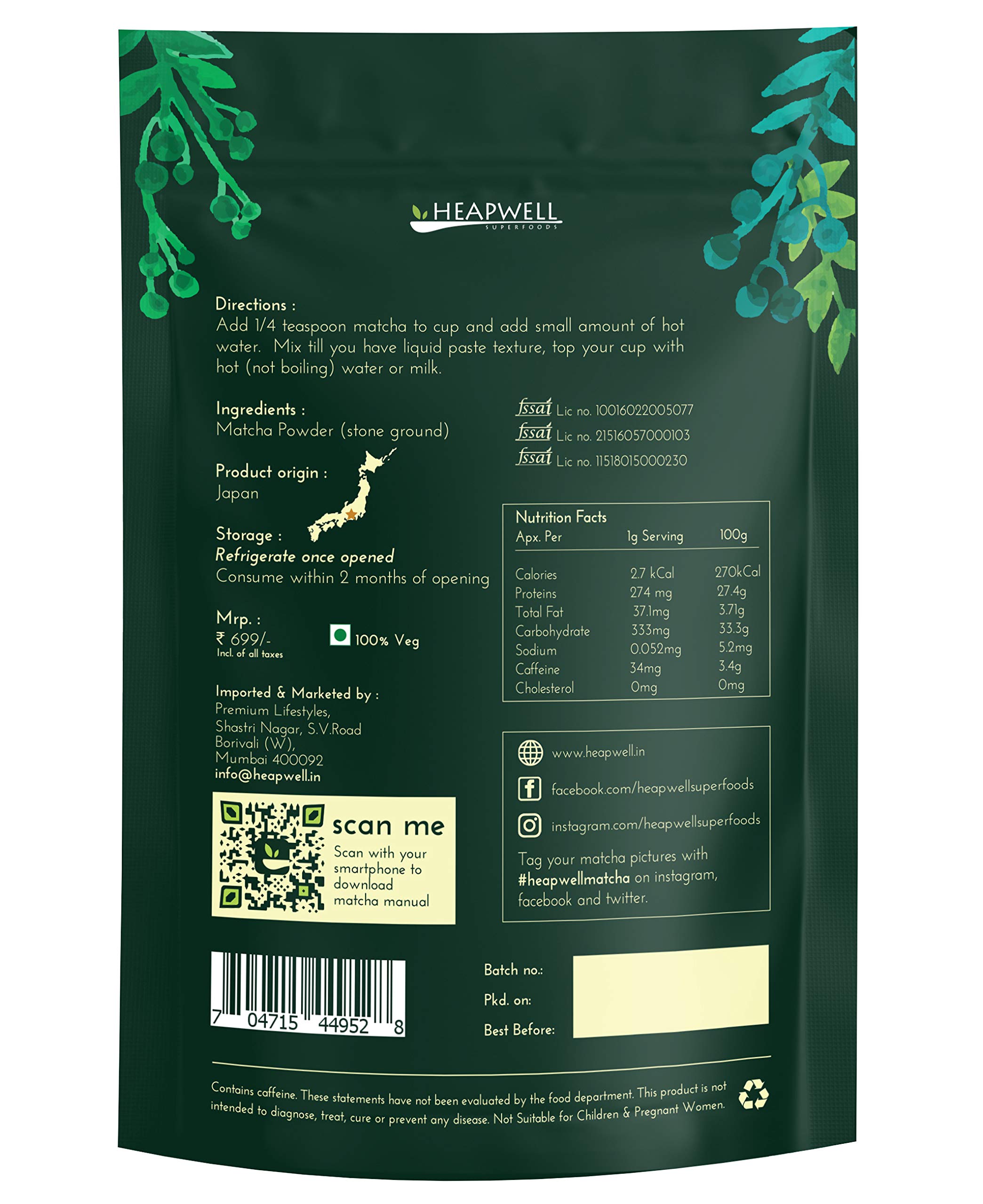 Heapwell Superfoods Japanese Matcha Green Tea Powder, 50g (50 Serving