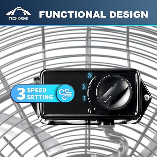 Miniatura 5 de Tech Drive Ventilador de piso de alta velocidad, ventiladores industriales de metal resistente de 12 pulgadas, 3 velocidades potentes, inclinación