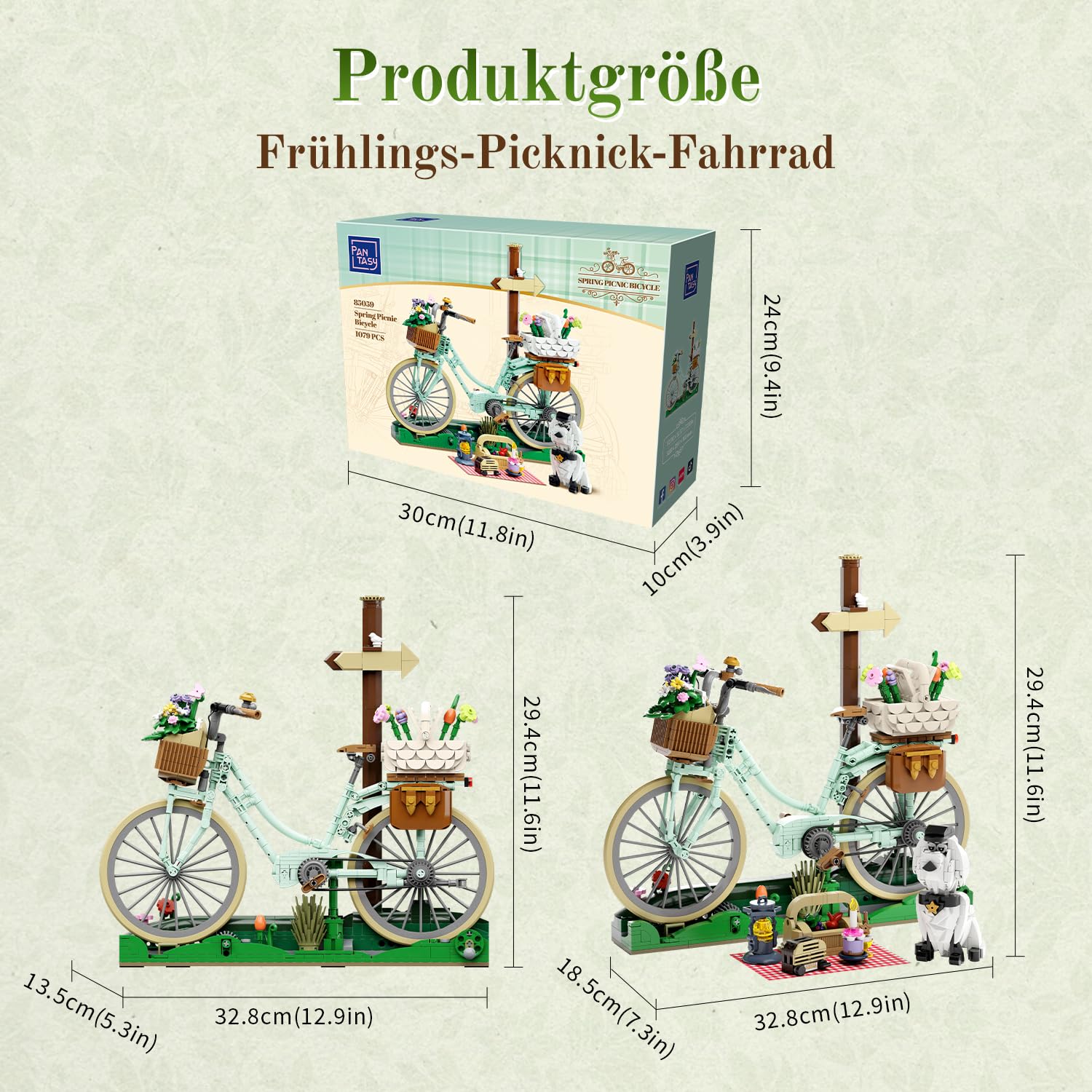 PANTASY Blumen Fahrrad Klemmbausteine Set, Vintage Deko Modell | Blumen Fahrrad Bauset für Erwachsene, Vintage Deko Modell mit Blumenkörben, Picknick Szene, Welpe, Geschenk