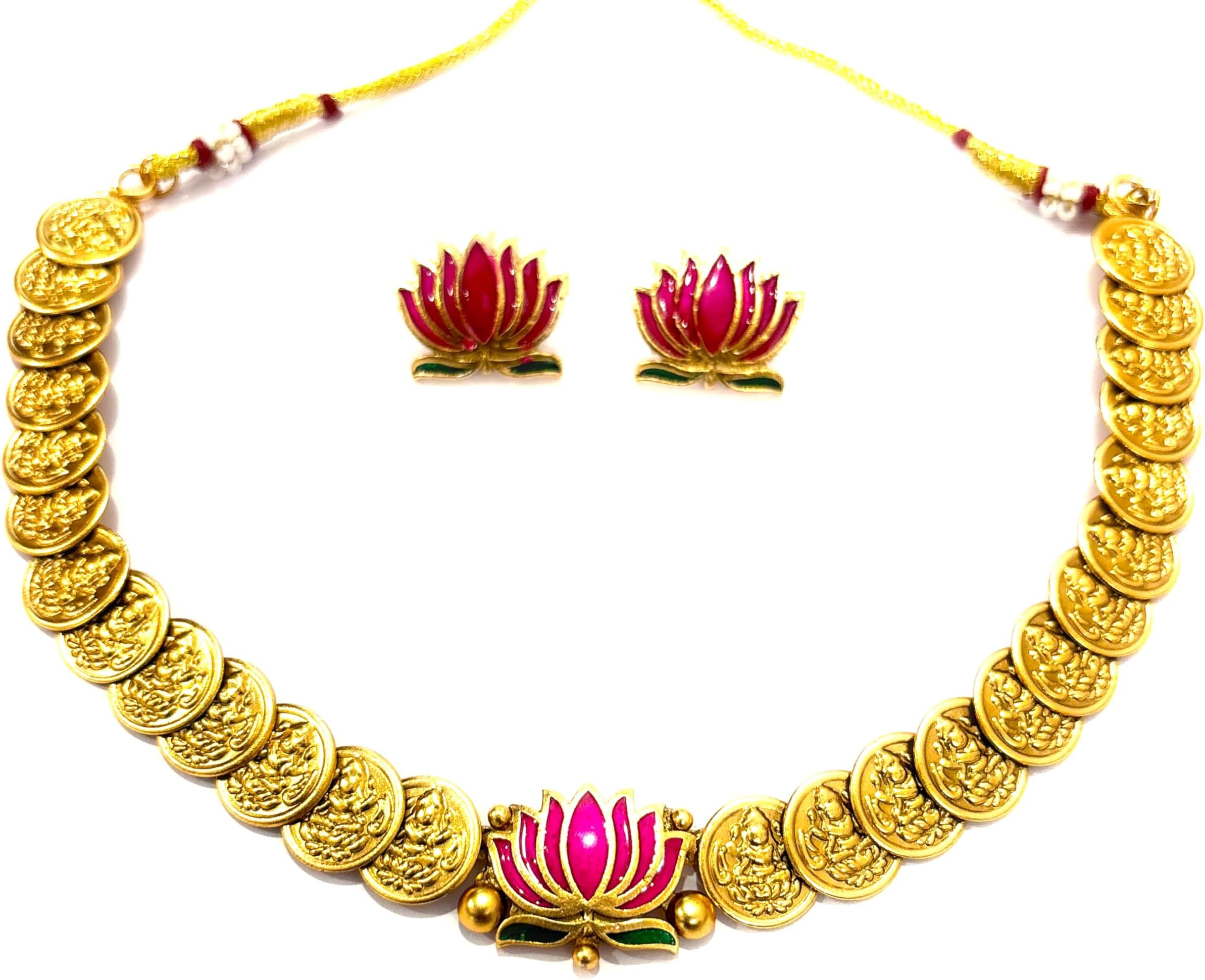 KASUMALA LOTUS GOLD PLATED COIN NECKLACE Necklace Design pattern Ruby & Emerald, pearl based Gold plated south Indian Wedding Traditional temple jewellery set. Latest fashion Jewellery for Girls & Women.