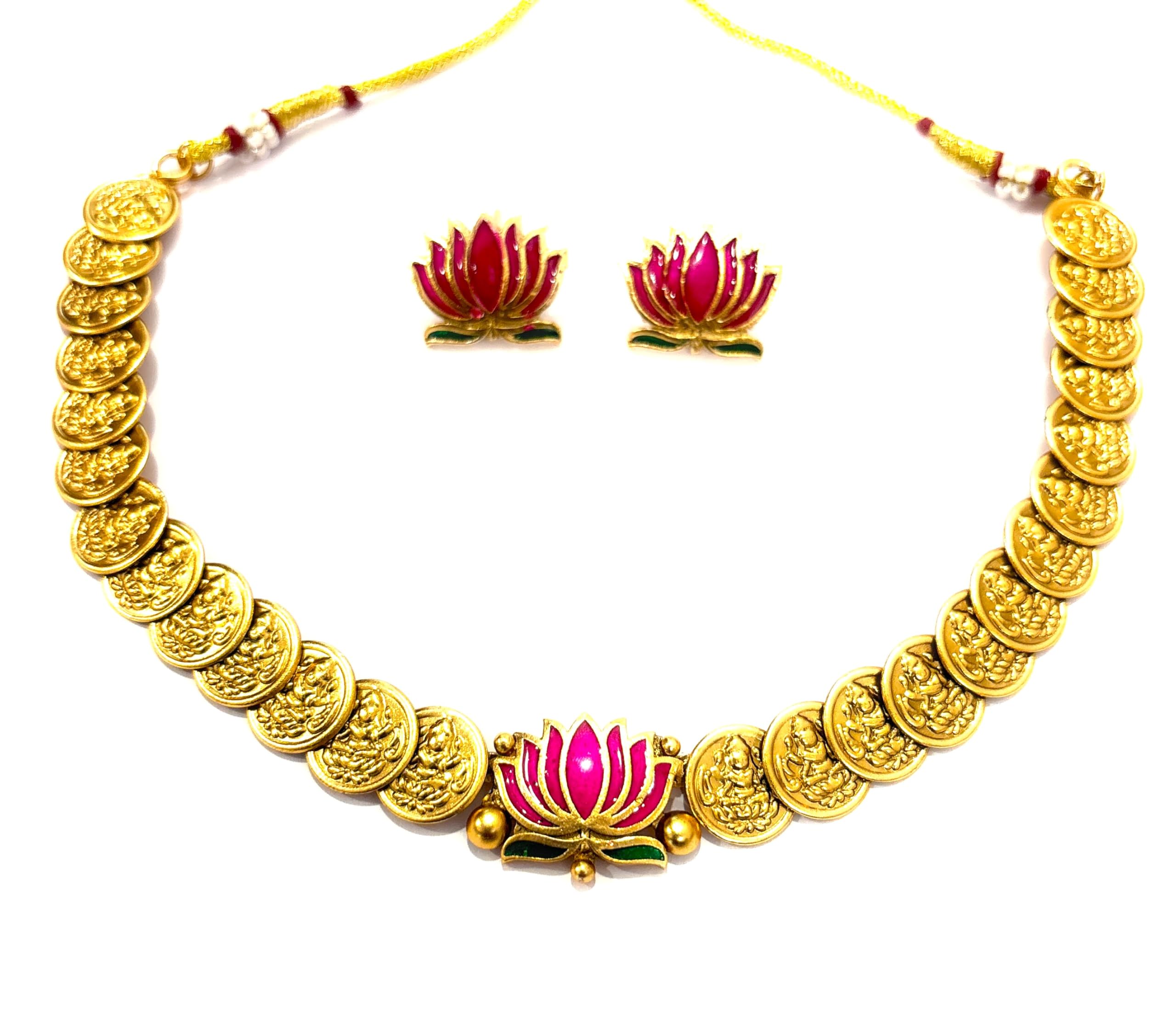 KASUMALA LOTUS GOLD PLATED COIN NECKLACE Necklace Design pattern Ruby & Emerald, pearl based Gold plated south Indian Wedding Traditional temple jewellery set. Latest fashion Jewellery for Girls & Women.-image-44