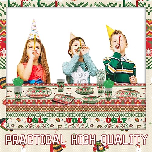 Miniatura 4 de Juego de vajilla de fiesta de Navidad  Sirve 25 suministros de fiesta de suéter feo, platos desechables, mantel, vasos, tenedores, cucharas,