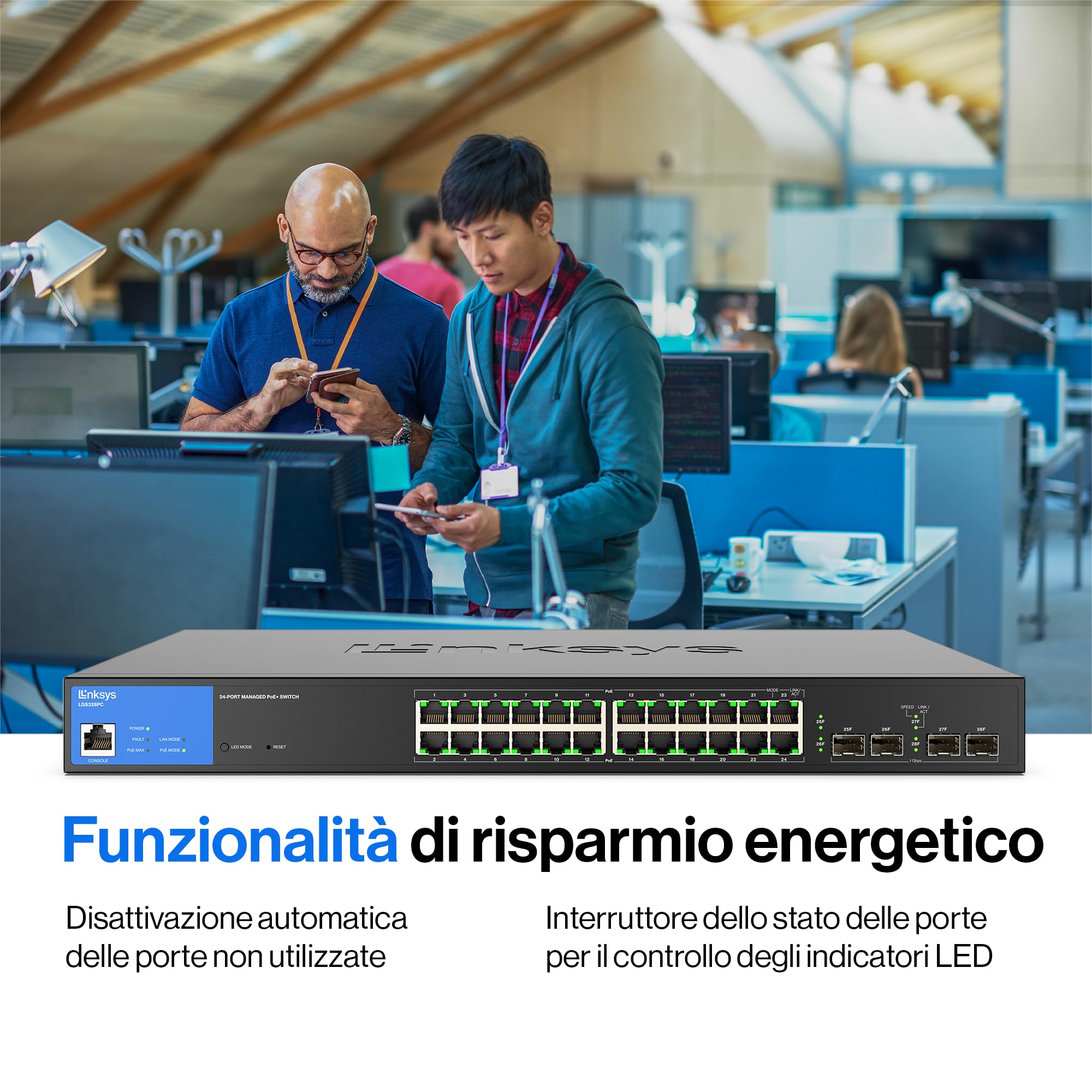 Linksys Switch Gigabit PoE+ Gestito a 24 Porte con 4 Porte 1GE SFP di Uplink, 250 W, Nero