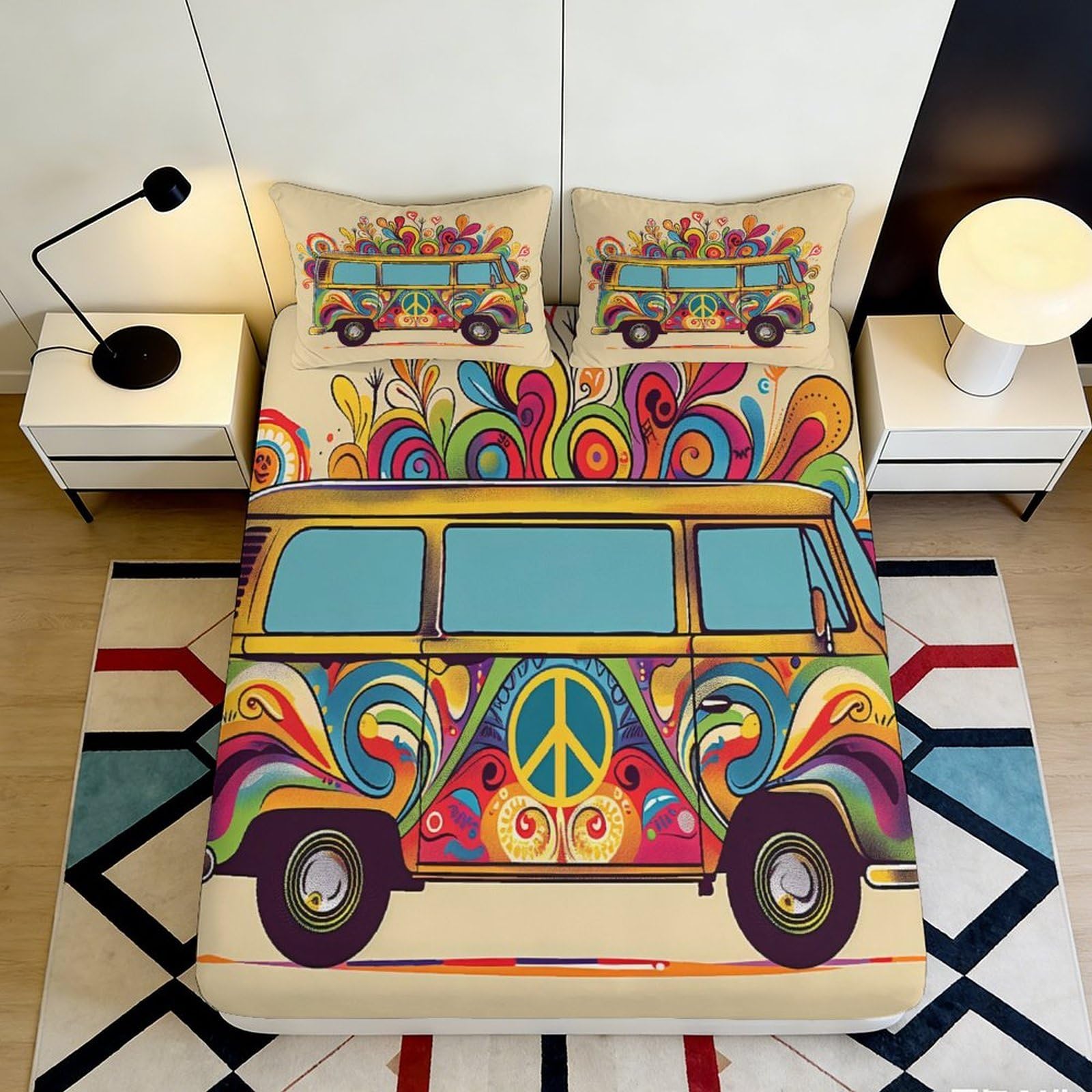 3D Printed Hippie Van Mattress Cover, Microfiber Fitted Sheet, non-slip
