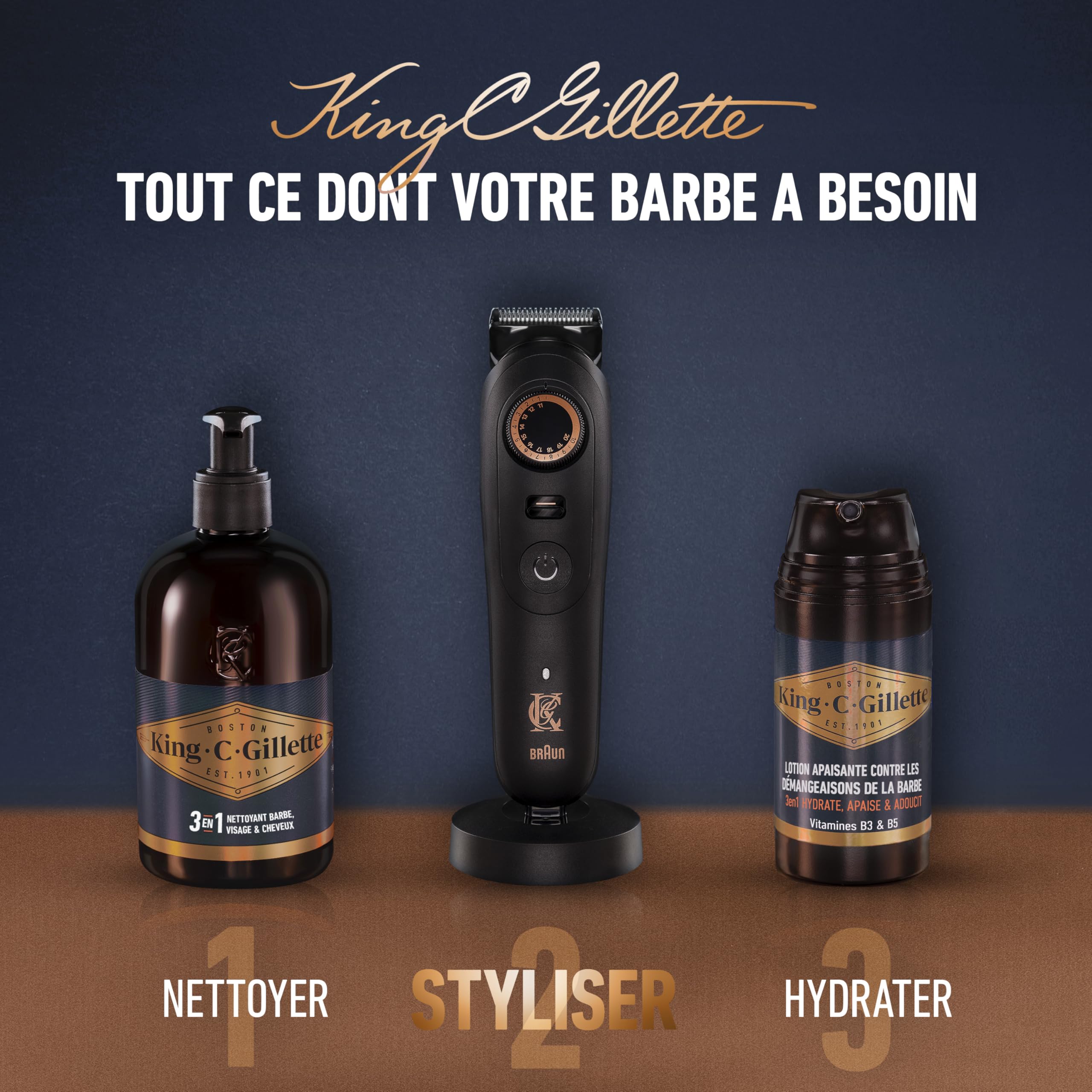 King C. Gillette Tondeuse Barbe Homme Pro Max Electrique Noire Etanche sans Fil Lames Inusables 40 Réglages Coffret 4 Sabots Interchangeables 120 mins Autonomie