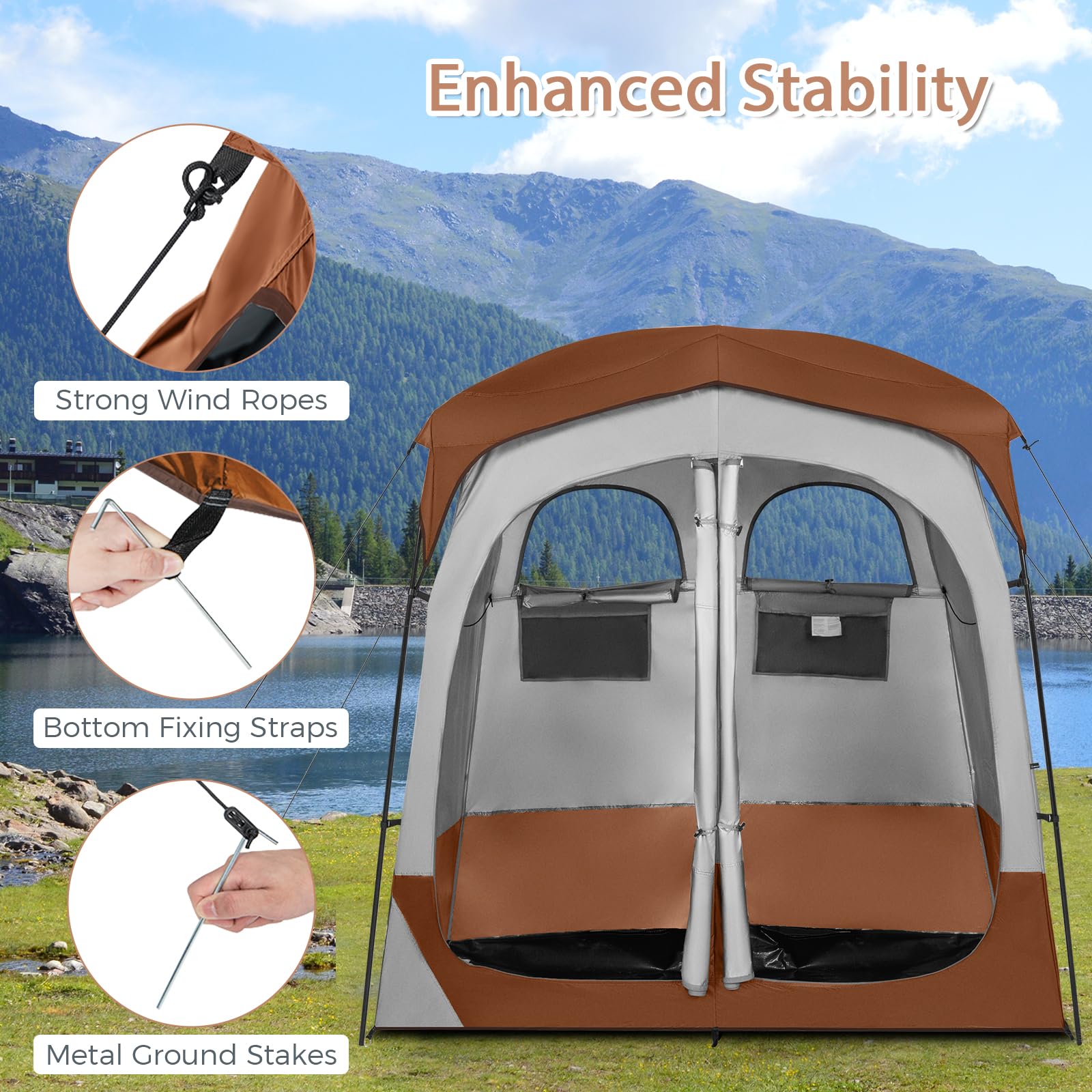 HOMASIS Tente de Douche Double pour Camping, Tente de Salle de Bain pour WC avec Fenêtre, Poche de Rangement, Crochet et Sac de Transport, Vestiaire Portable pour Plage, Randonnée, Pêche