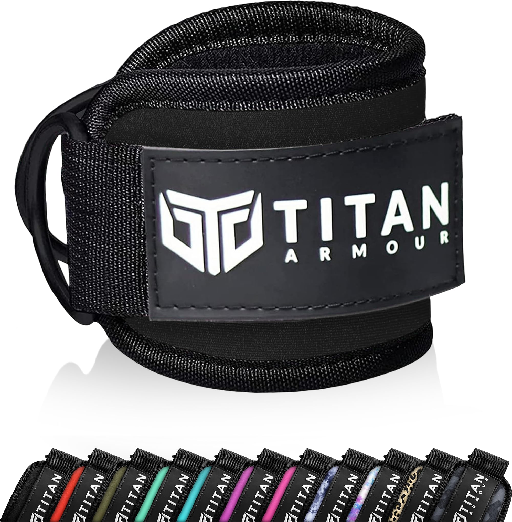 Titan Armour® Single Ankle Straps for Cable Machines | Gym Cuffs w/Heavy-Duty Steel Double D-Rings & Adjustable Strap | Lower Body Workouts Inc. Leg Curl & Glute Kickback (Black)
