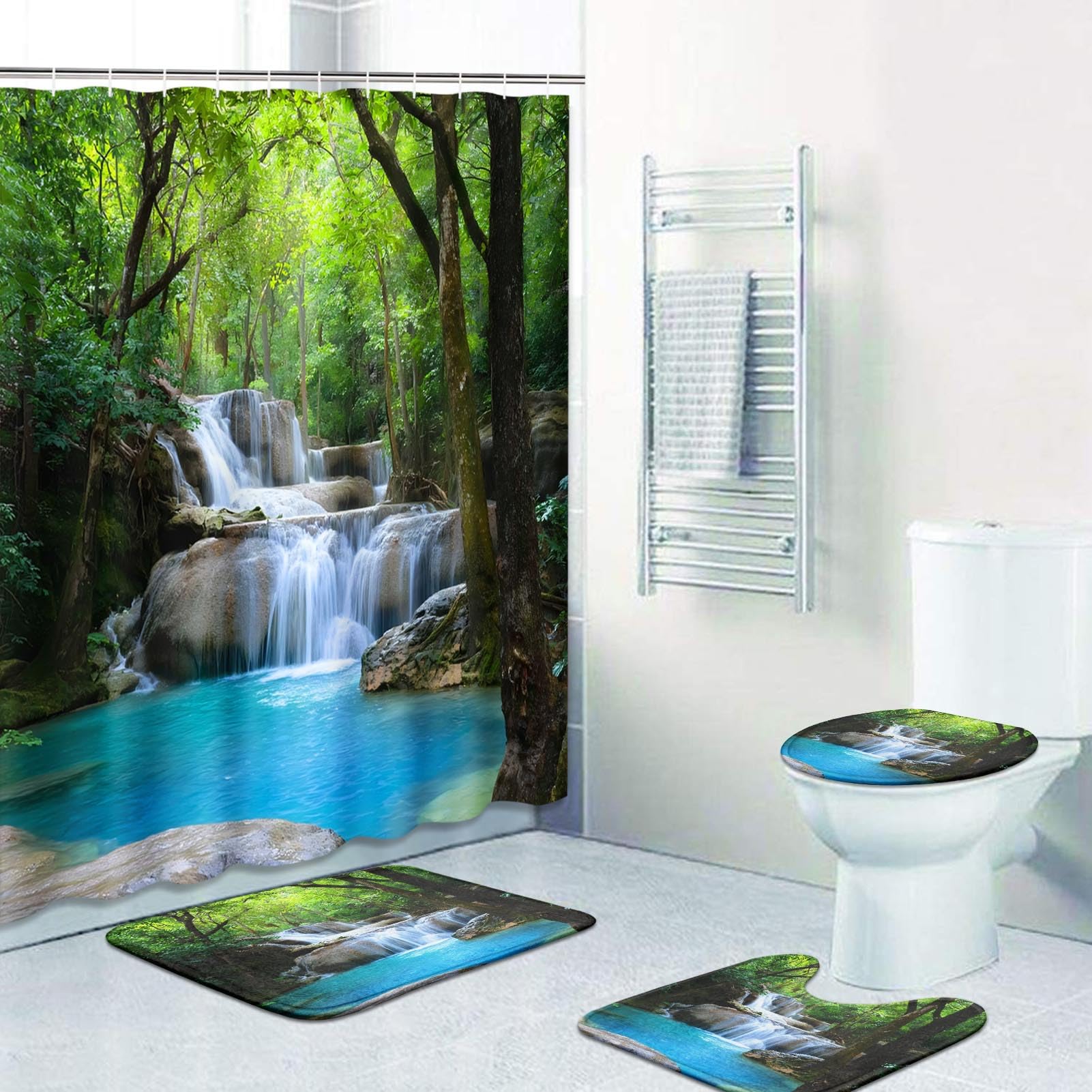 Ensemble rideau de douche cascade 4 pièces avec tapis de bain antidérapant Britimes