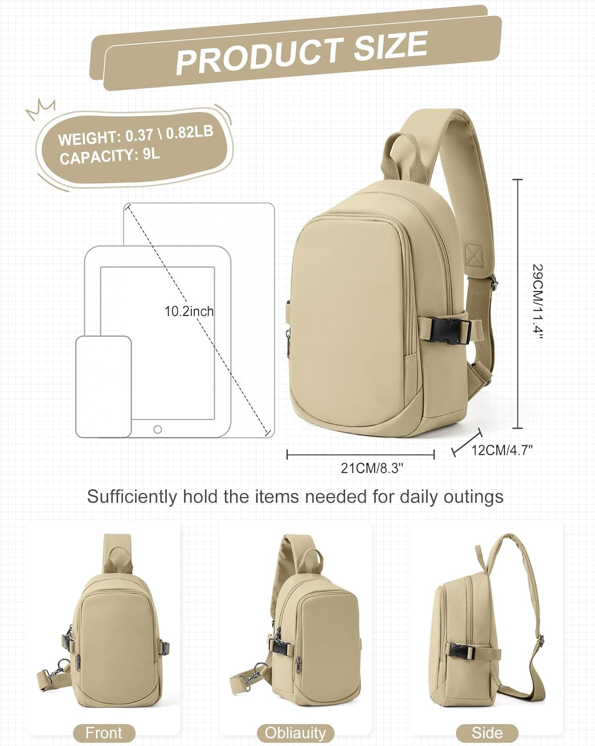 Sling Bag for Men Women, Mini Anti Theft One Strap Motorcycle Sling Backpack, Small Sling Chest Bag Daypack Crossbody Backpack for Casual Travel Hiking Gym Outdoor Sports Khaki