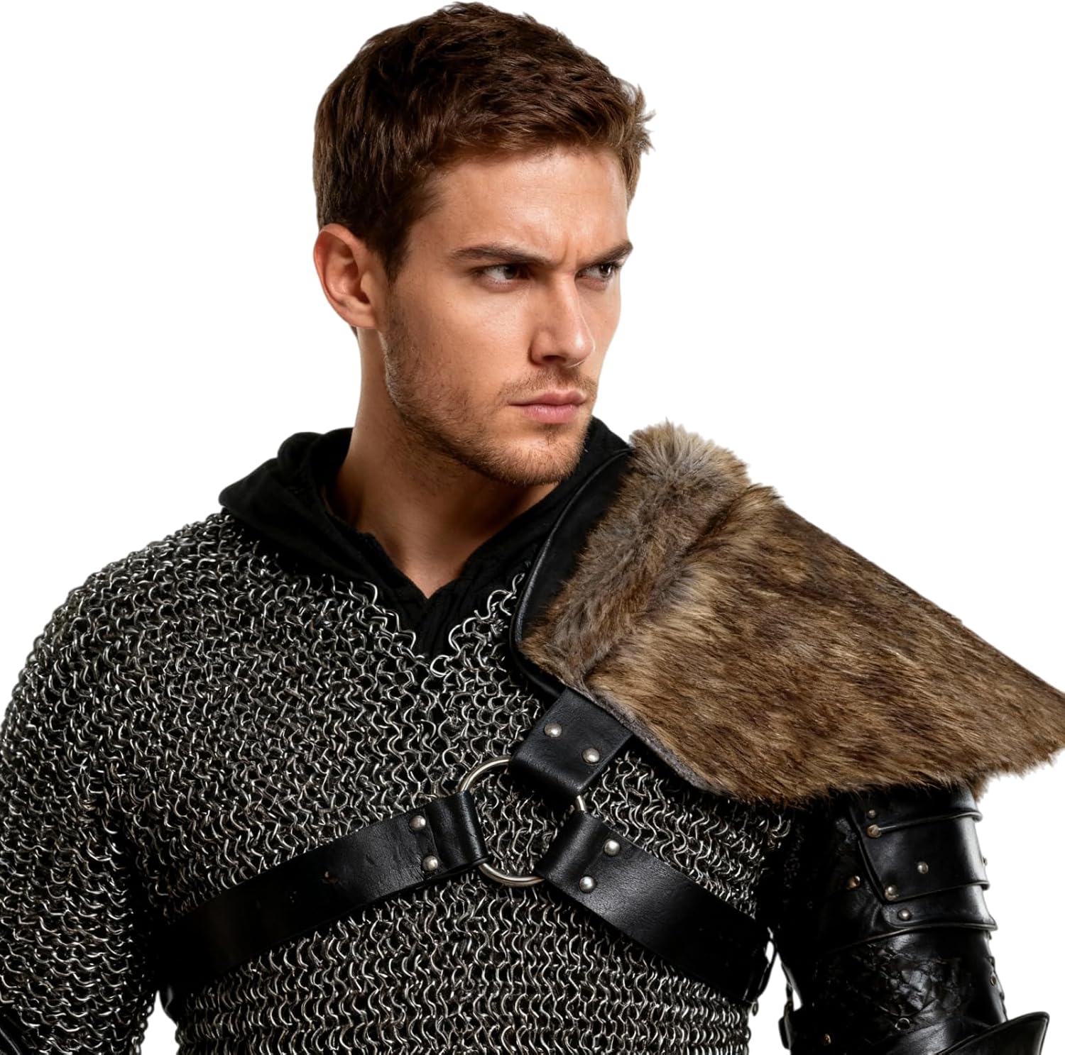 GREUS Medieval Viking Faux Fur One Shoulder Armor Strap Warrior Costume Leather Chest Harness for Halloween Cosplay