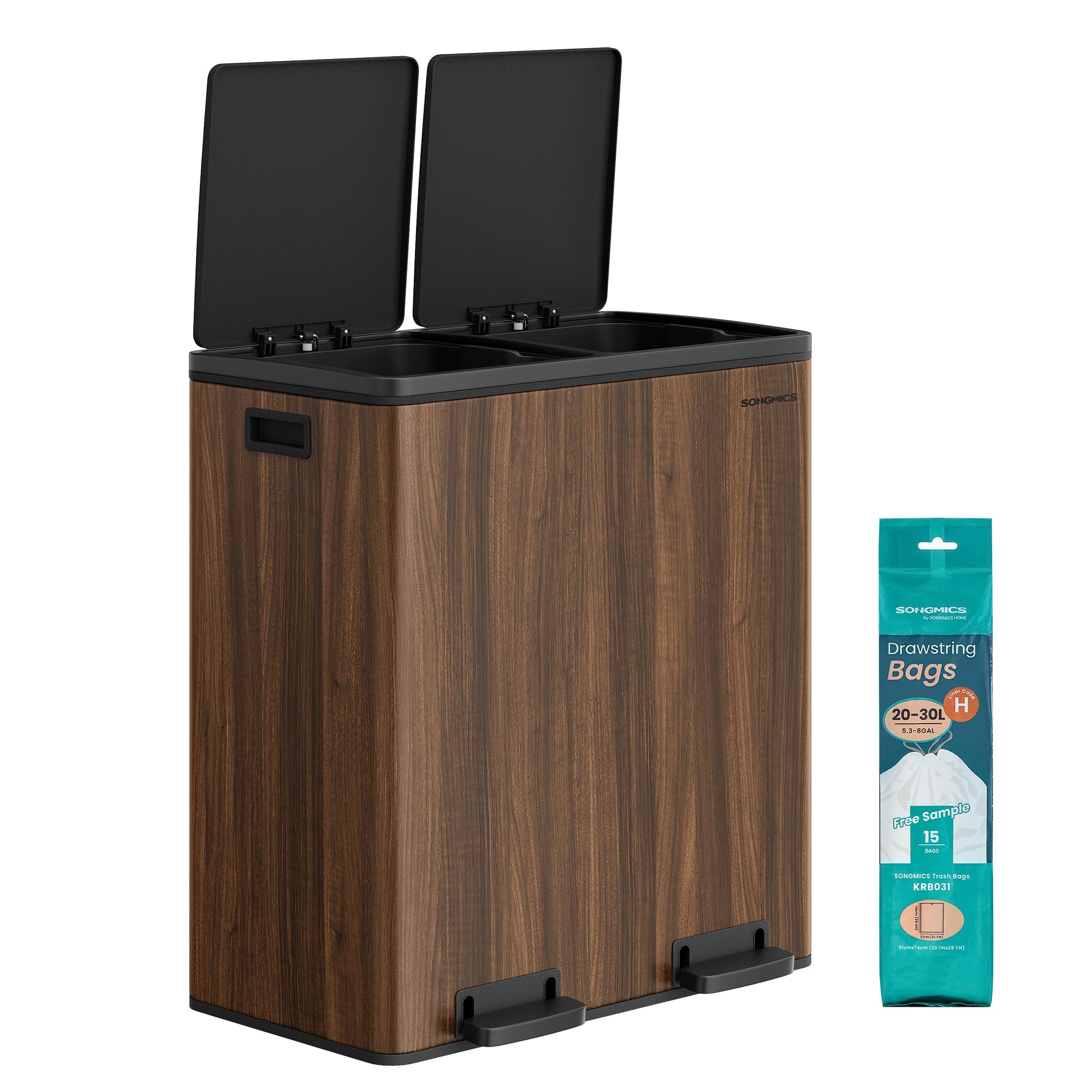SONGMICS Dual Rubbish Bin, Metal Recycling Bin with 15 Rubbish Bags, 2-Compartment, with Lids, Pedals, Plastic Inner Buckets, Soft Closure, 2 x 8 Gallons (2 x 30 L), Dark Walnut LTB060N02