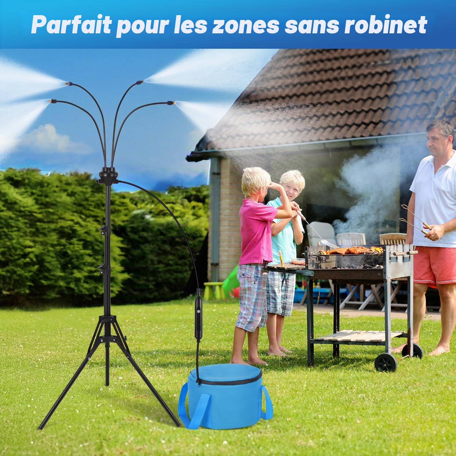 Système de refroidissement brumisateur portable de 15 m – Utilisation avec pompe ou directement au robinet, avec pompe USB rechargeable de 4500 mAh, tuyau de 8 m, sac d'eau de 15 l, brumisateur pour