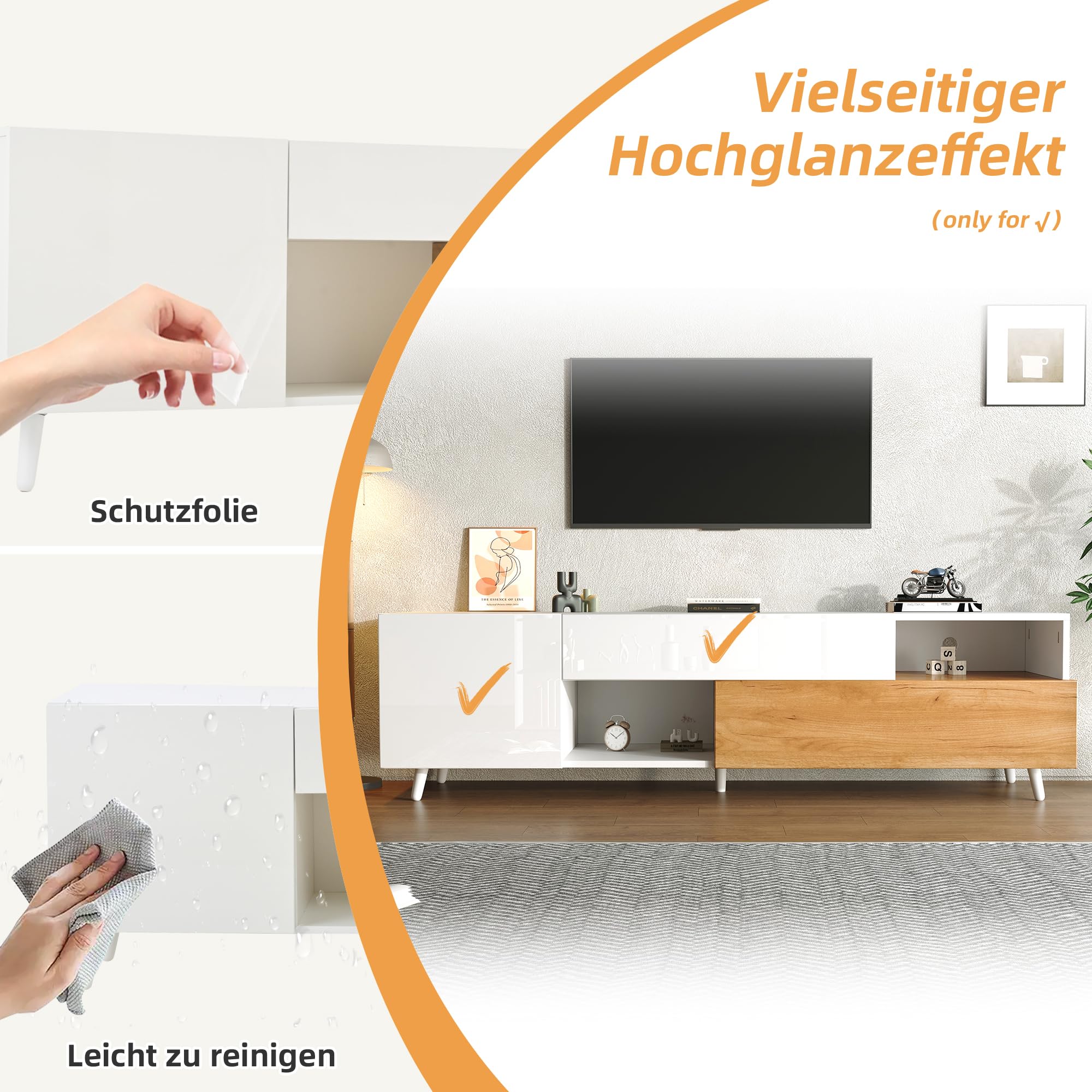 Merax TV Schrank, Hochglanz-TV-Lowboard, Moderner Fernsehtisch mit 2 Türen, 1 Schublade, Offene Regale, TV Ständer für Fernseher bis zu 75 Zoll, für Esszimmer, Wohnzimmer, 180cm, Weiß & Holzfarbe
