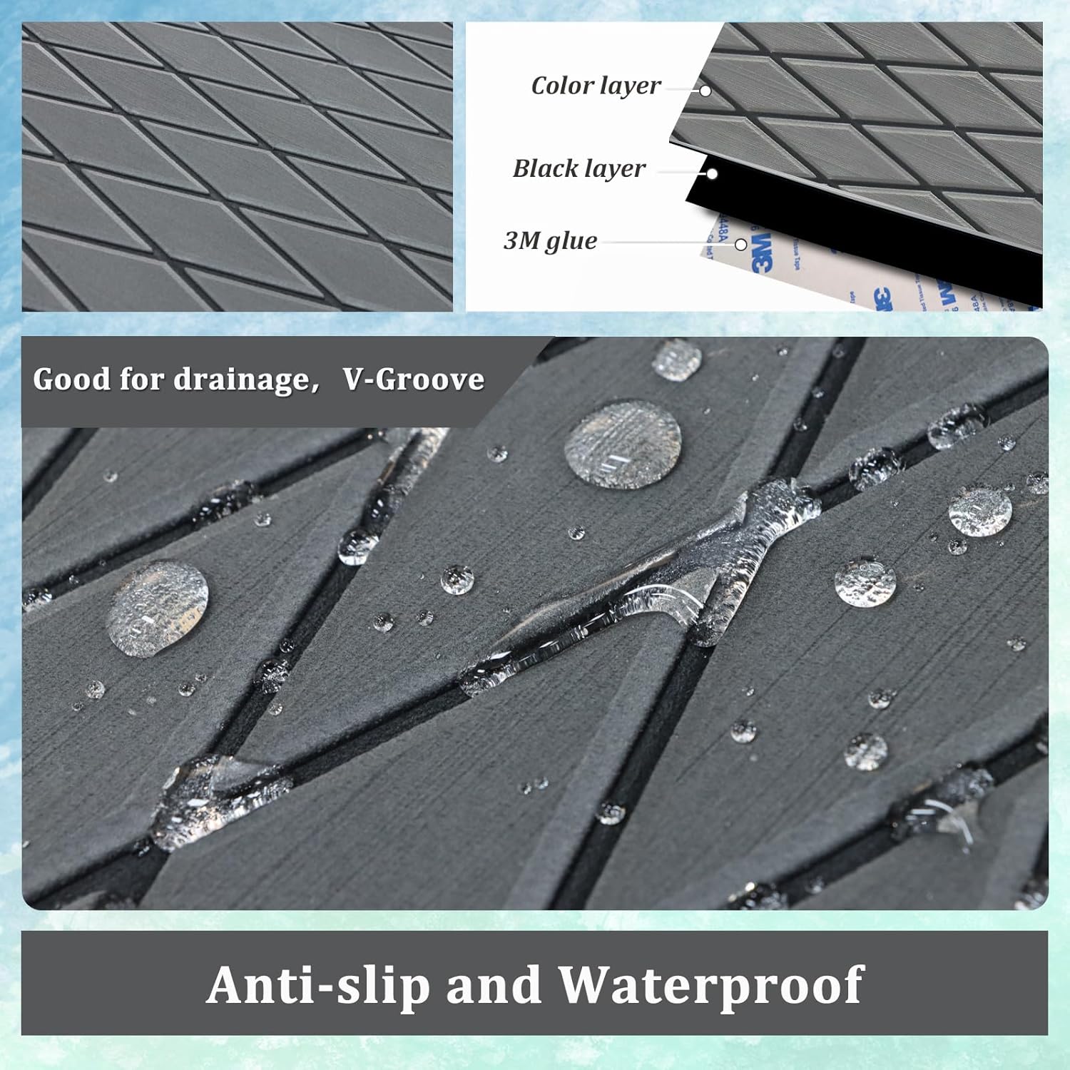 HXBYX EVA Foam Boat Flooring with 3M Adhesive Backing 6mm Thick Diamond Sea Deck Boat Carpet Marine Non-Slip Self-Adhesive Flooring Sheet for Kayak Yacht SwimPool RV 94"x43.9"/28.3"/15.3"