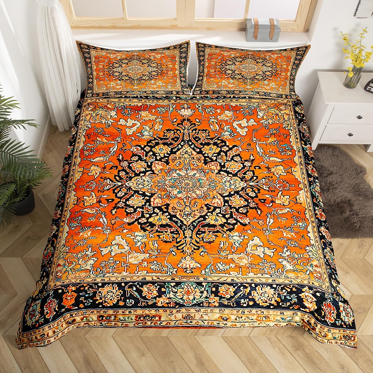 Ethnic Pattern Duvet Cover Queen, Orange Boho Bedding Set, Southwest Farmhouse Bohemian Floral Abstract Comforter Cover, Brown Geometric Exotic Tribal