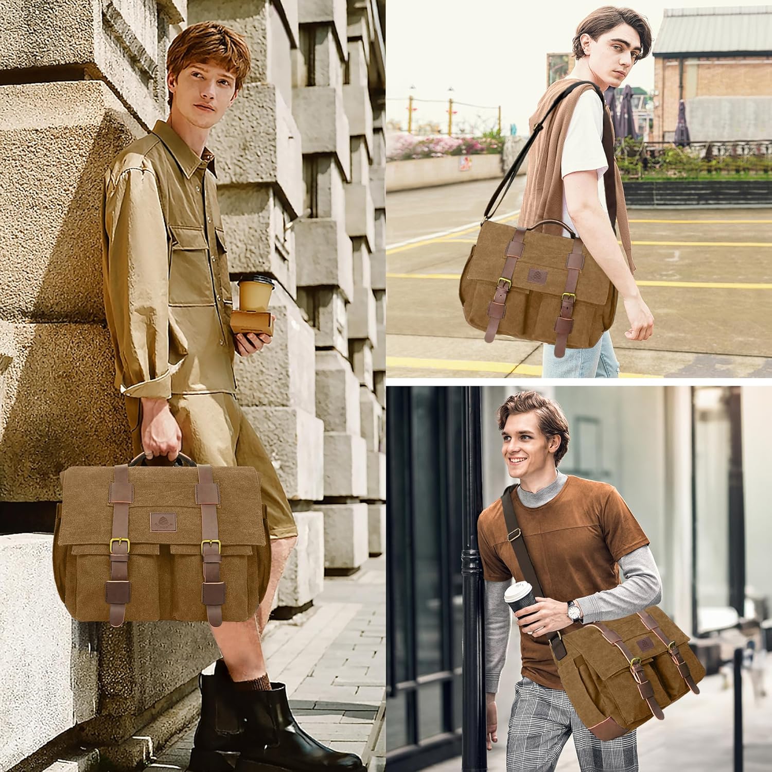 Messenger Bag for Men,13-14 Inch Laptop Bag, Vintage Water-resistant Waxed Canvas Satchel Bags, Leather Briefcase for School Work Travel (Brown) - Image 2