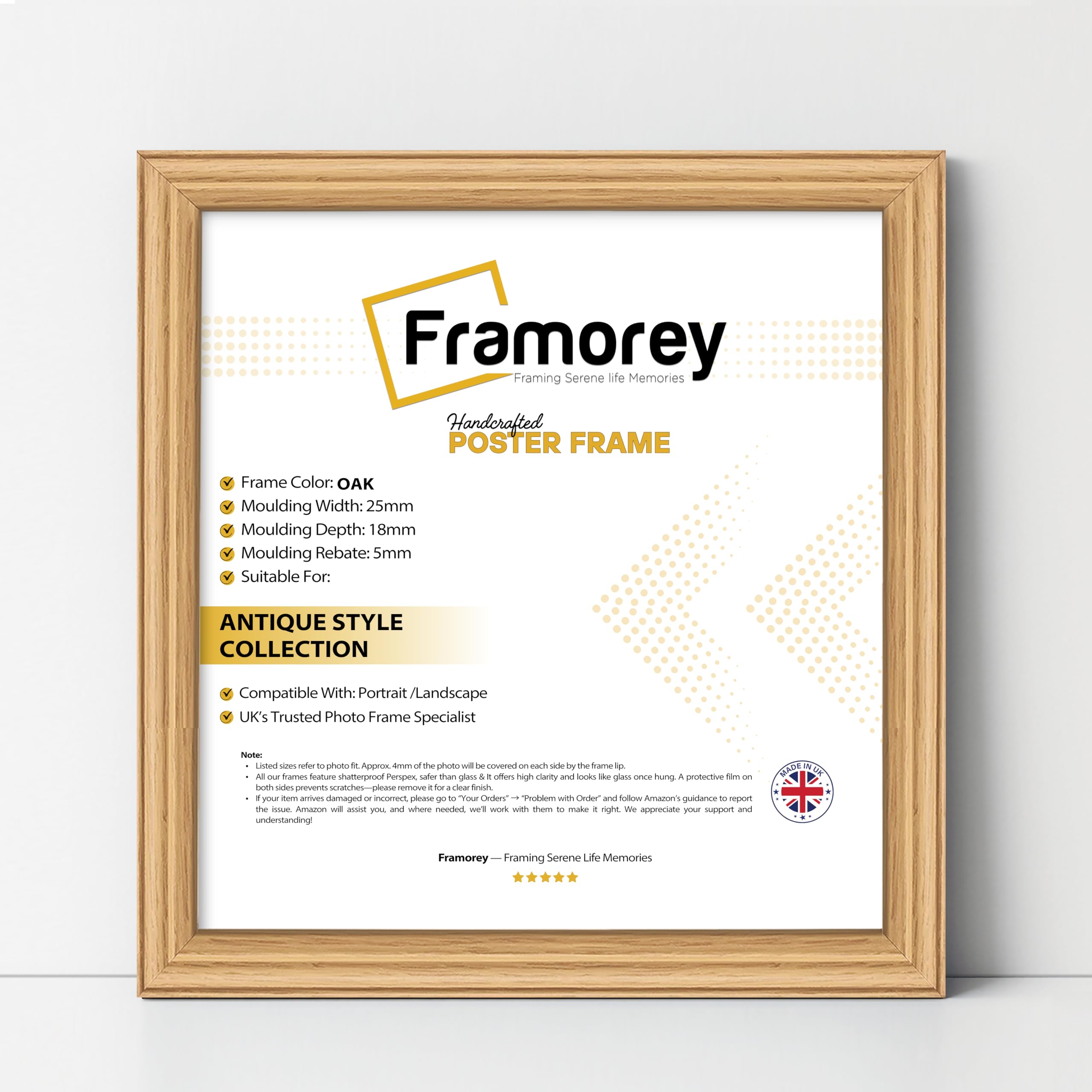 Framorey Framing Serene Life Memories Oak Framorey Square Picture Frame, 11X11 Inch Size Photo Frames, Lw Antique Poster Frame, Wall Hanging Oxford Frames, Premium Wooden Effect Frame