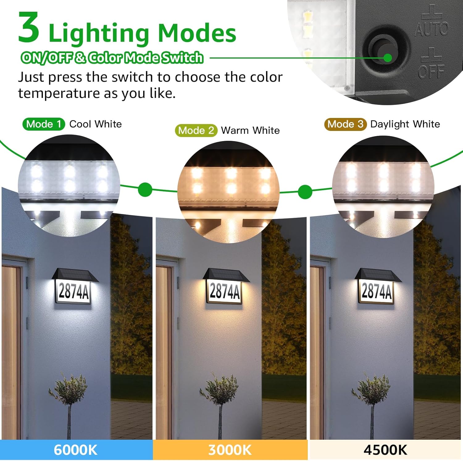 2-Pack Solar Address Sign, Lighted House Numbers Waterproof, 3-Color Lighting Modes LED Illuminated Address Plaque, Wall Mount Number Signs