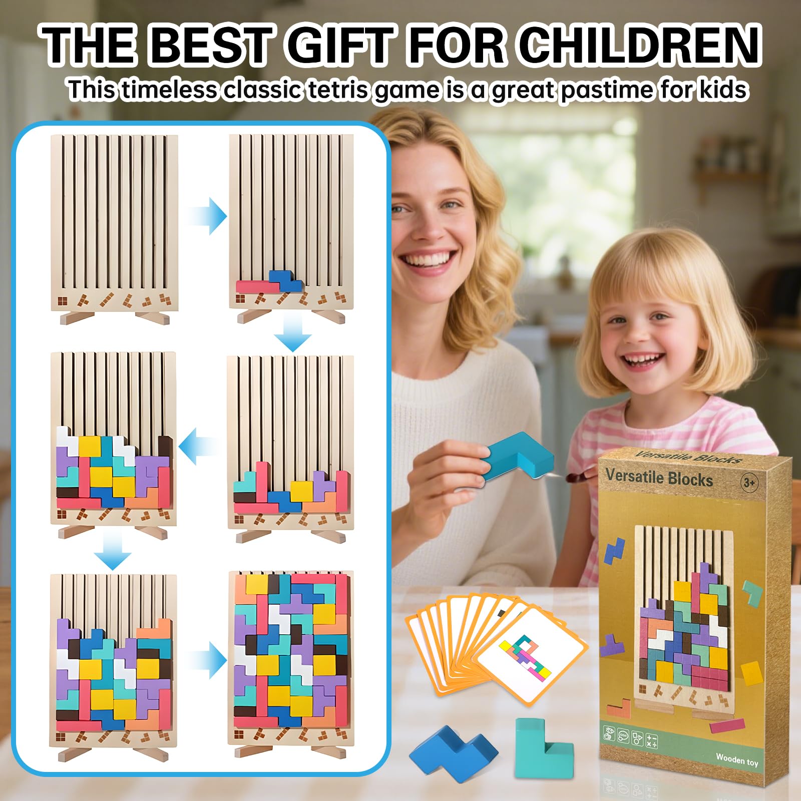 ZLPBAO Tetris Gioco per Bambini con 10 Carte e Borsa, Puzzle 3D di Legno Tetris Giochi montessori 3 anni, Intelligenza Jigsaw Rompicapo, Regali per Bambini di 3, 4, 5, 6 Anni