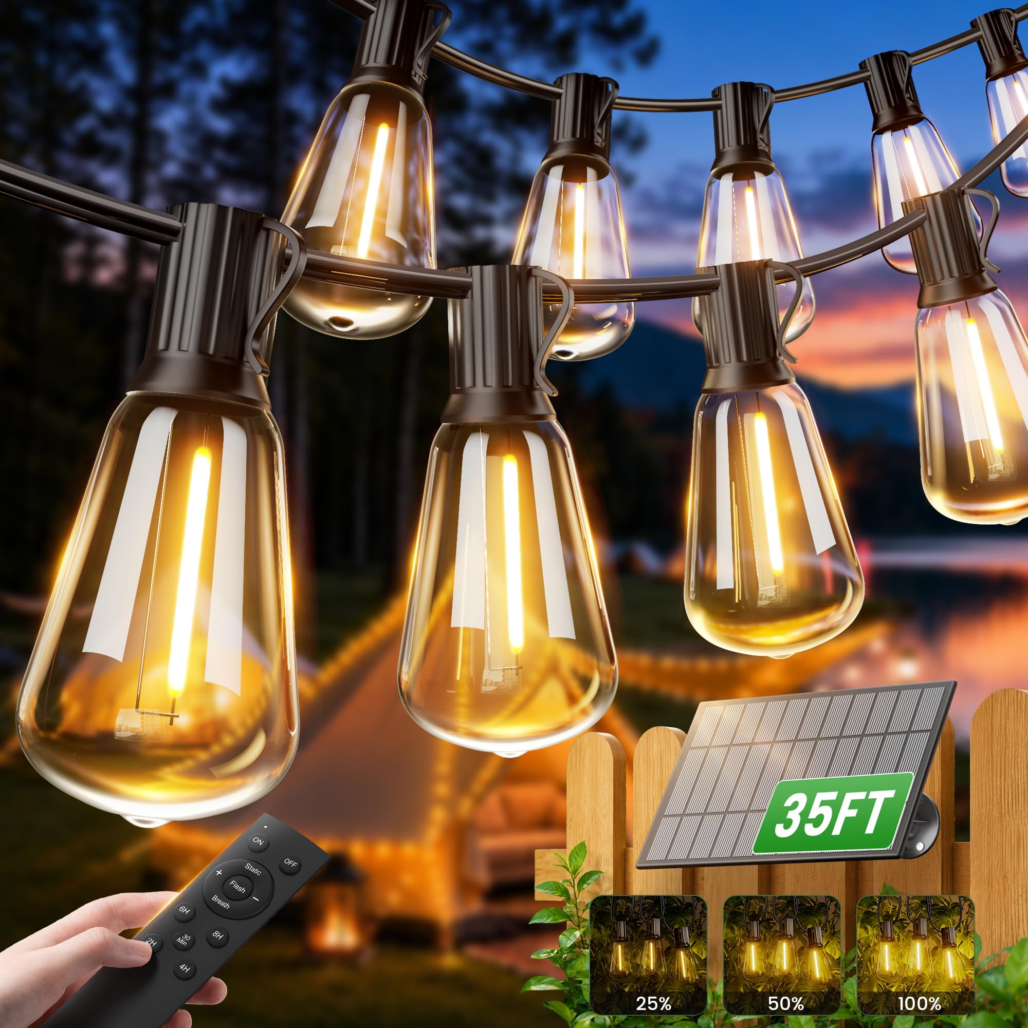 OHLUX Guirlanda solare esterna 10m, 17 LED ST38 regolabili 2200K, IP65 impermeabile, telecomando, per balcone patio pergola festa matrimonio