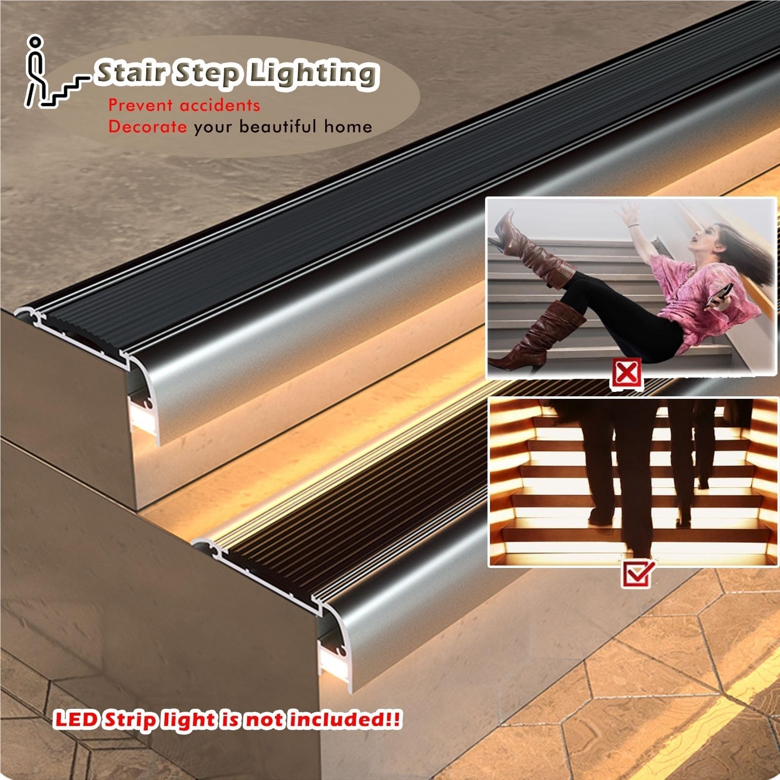 Borde de metal antideslizante para escalera, canal LED de 43 pulgadas con tiras de seguridad, paquete de 5 protectores de borde negro para perfiles de escalera