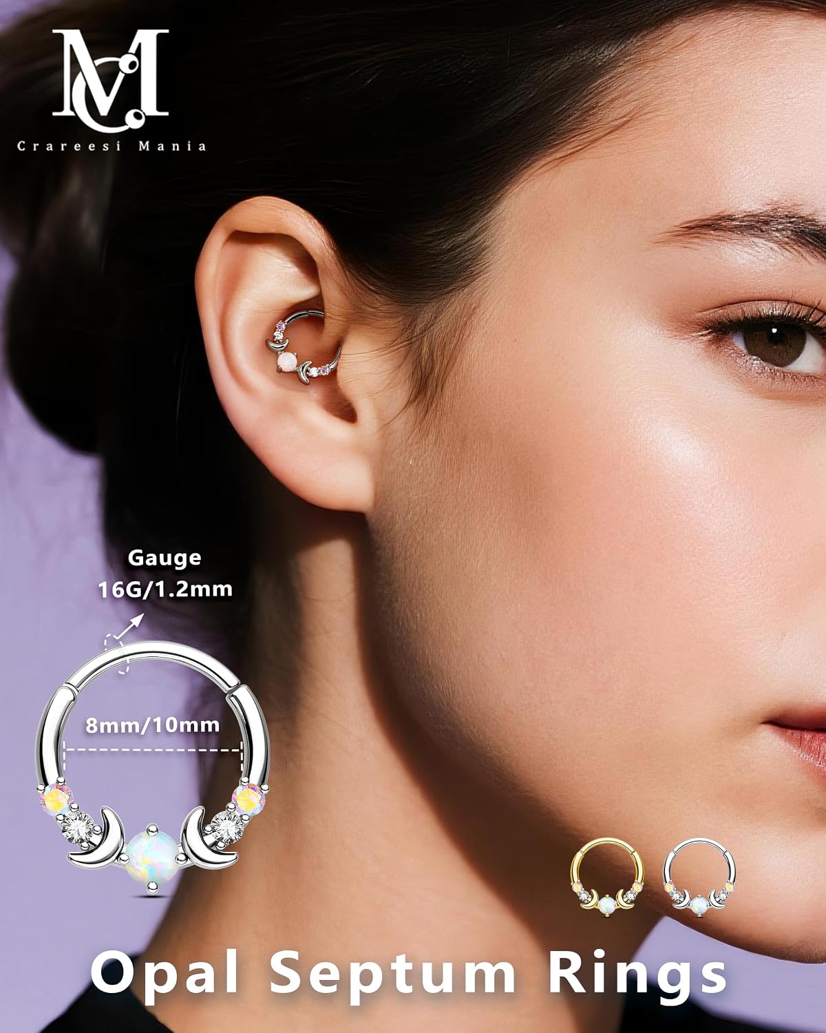 CM Crareesi Mania Septum Ring 316L Stainless Steel Septum Jewelry 10mm Moon Phase Septum Piercing Jewelry for Women AB CZ Daith Earrings