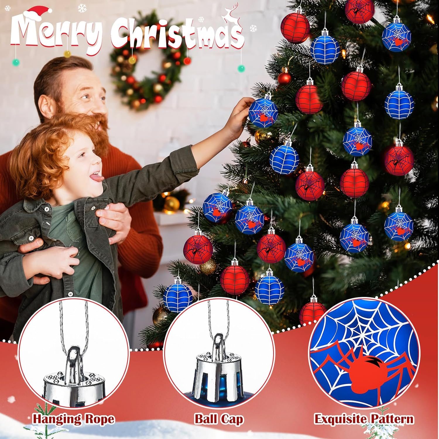 Sosation 24 Pcs 2.36 Inch Spider Christmas Ball Ornaments Classic Cartoon Christmas Tree Ornaments Plastic Spider Web Hanging Balls Decorations for Xmas Trees Halloween Holiday Parties Home Decor