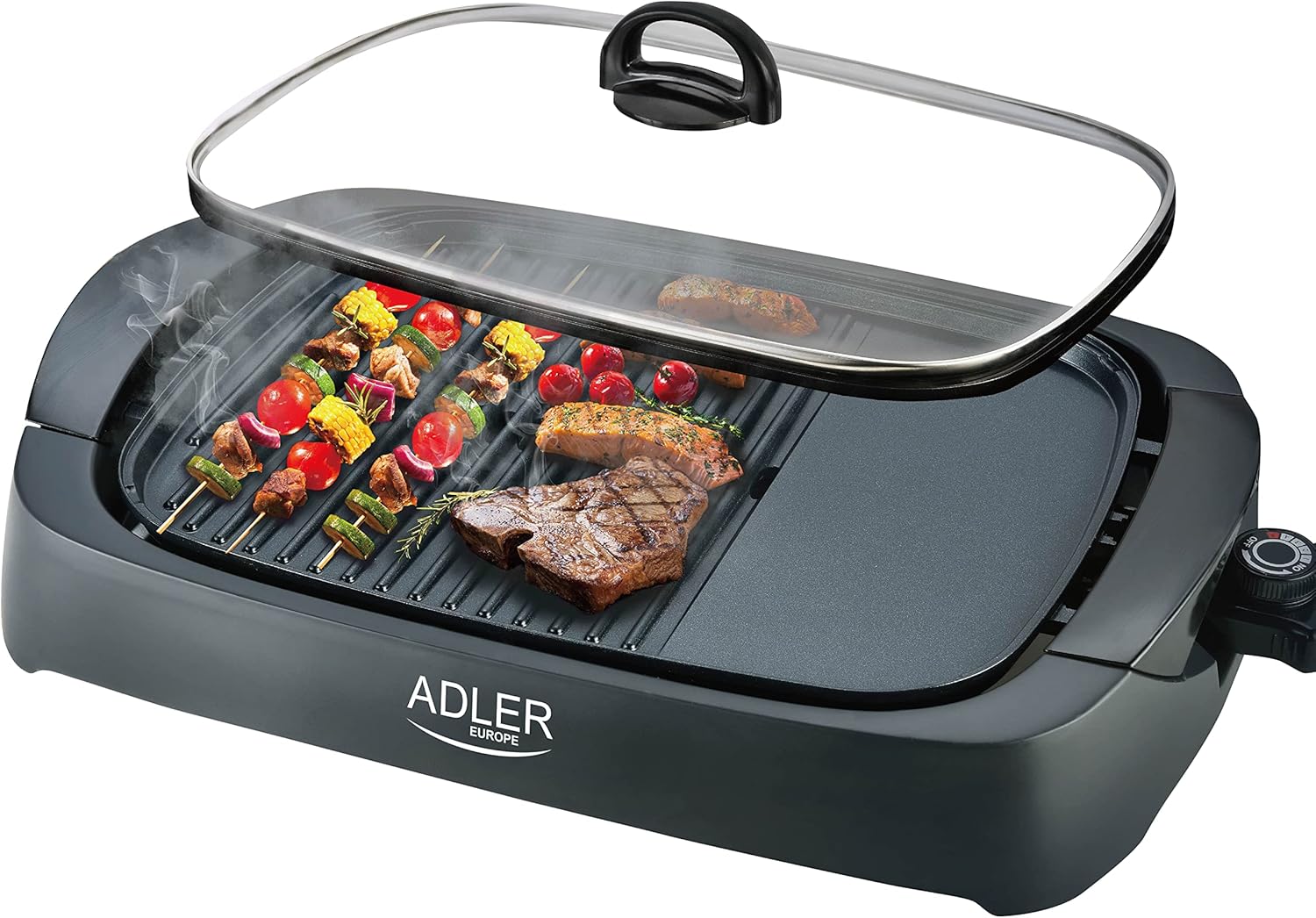 JUNG ADLER AD6610 - Barbecue elettrico con coperchio in vetro, 2200 W, 2 zone, griglia elettrica da balcone, rivestimento antiaderente, 51 x 34 x 15 cm JUNG ADLER AD6610 - Barbecue elettrico con coperchio in vetro, 2200 W, 2 zone, griglia elettrica da balcone, rivestimento antiaderente, 51 x 34 x 15 cm