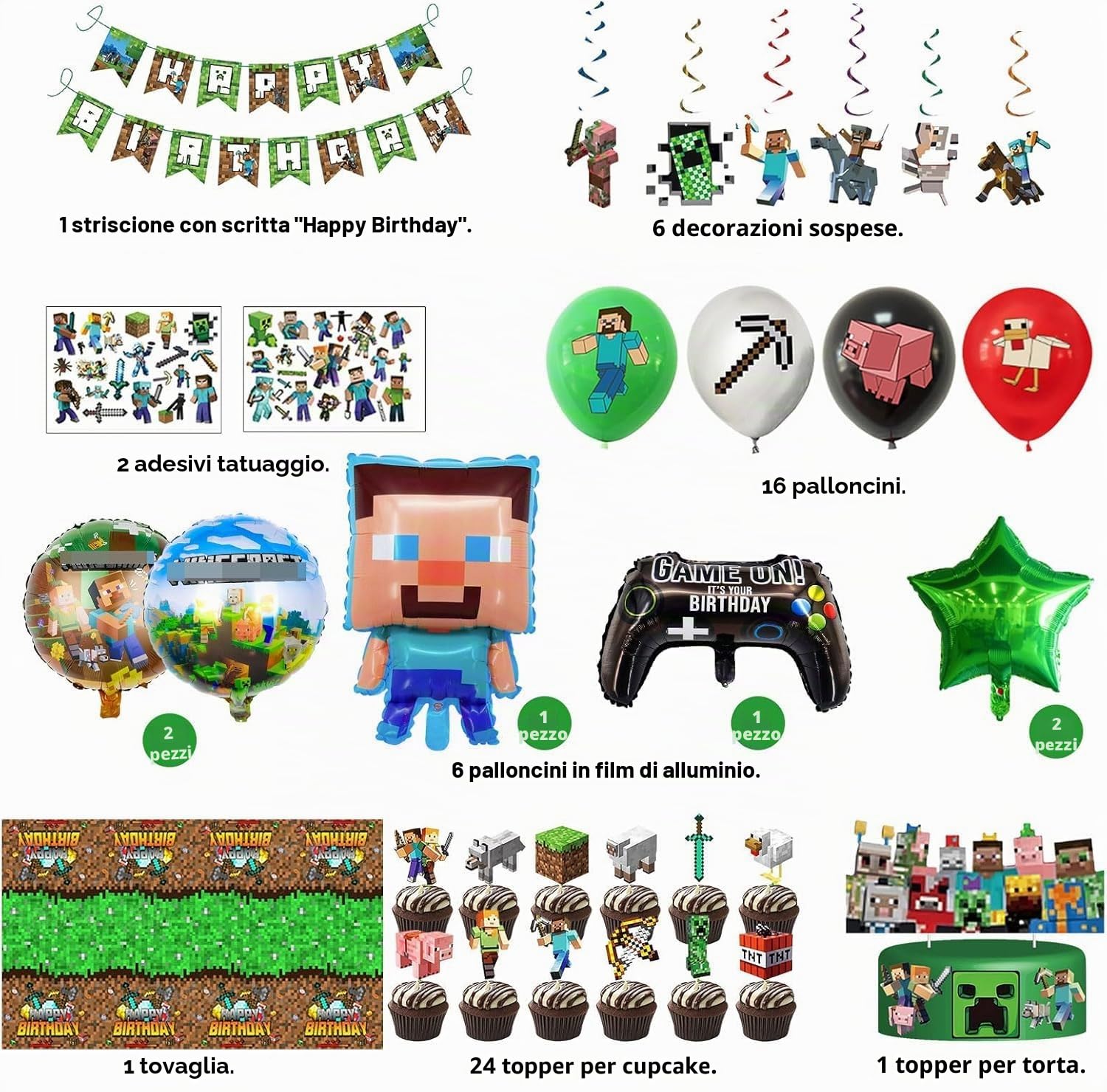 Set di decorazioni per il compleanno dei bambini, 57 pezzi di decorazione di compleanno per ragazzo, Include Tatuaggi temporanei per bambini, Decorazione per torta, Palloncini, Striscione, Tovaglia