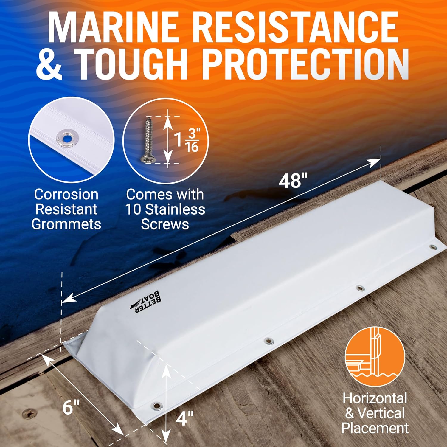 Better Boat Dock Bumpers, 6x4 Inch High Density Foam Boat Dock Bumper Guards, Piling Bumper Pads for Dock Edge, Vertical or Horizontal Mounting, Stainless Steel Screws Included, UV Resistant Vinyl