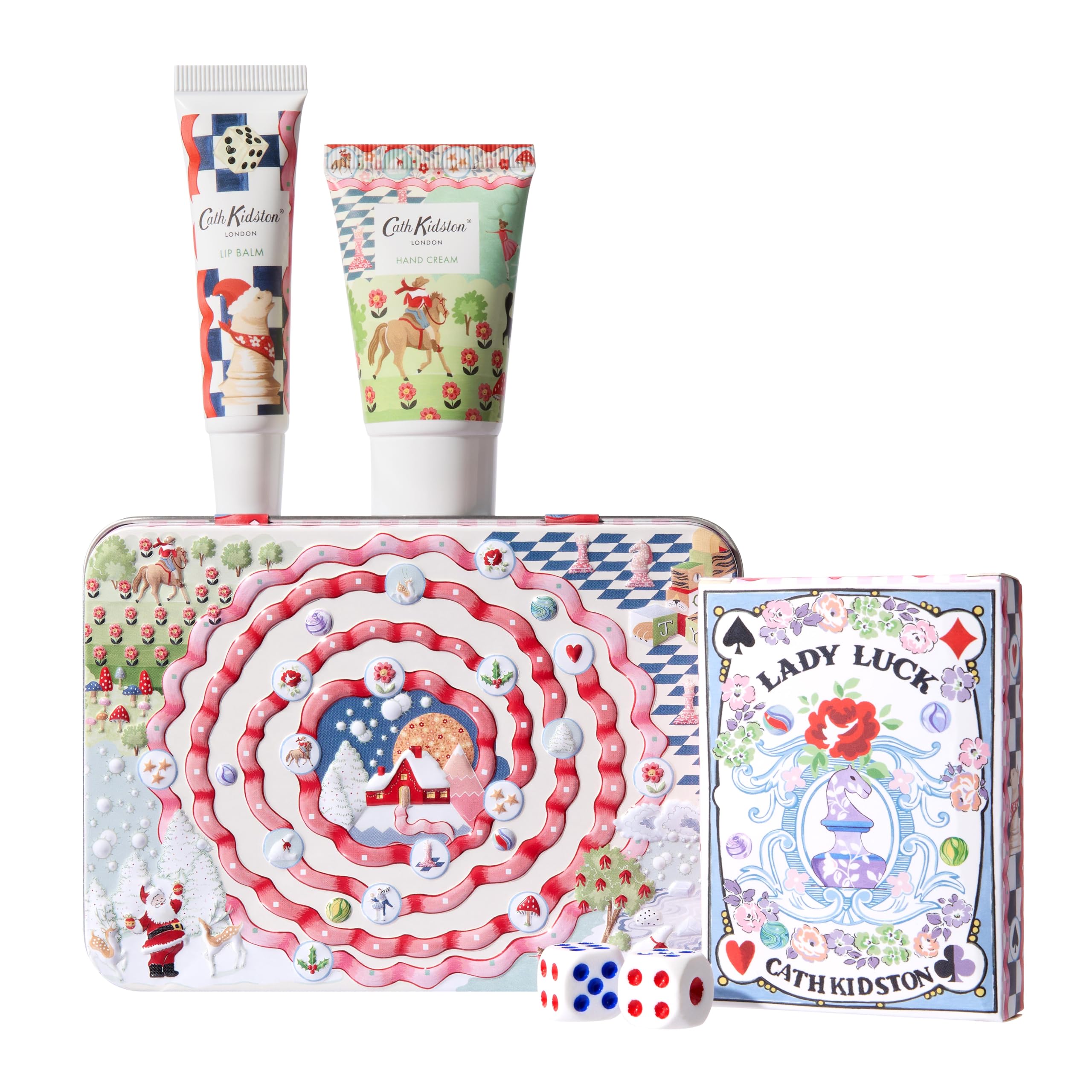 Cath Kidston Hand Cream 30ml, Lip Balm 10ml, Playing Cards, 2 Dice In A Reusable Tin, Mandarin and Peony Scent, Eggnog