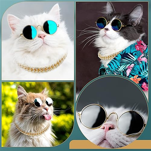 Miniatura 6 de Xuniea Juego de 2 piezas de collar de cadena y lentes de sol para gato, perro, collar de diamantes de imitación con hebilla segura, lentes redondos