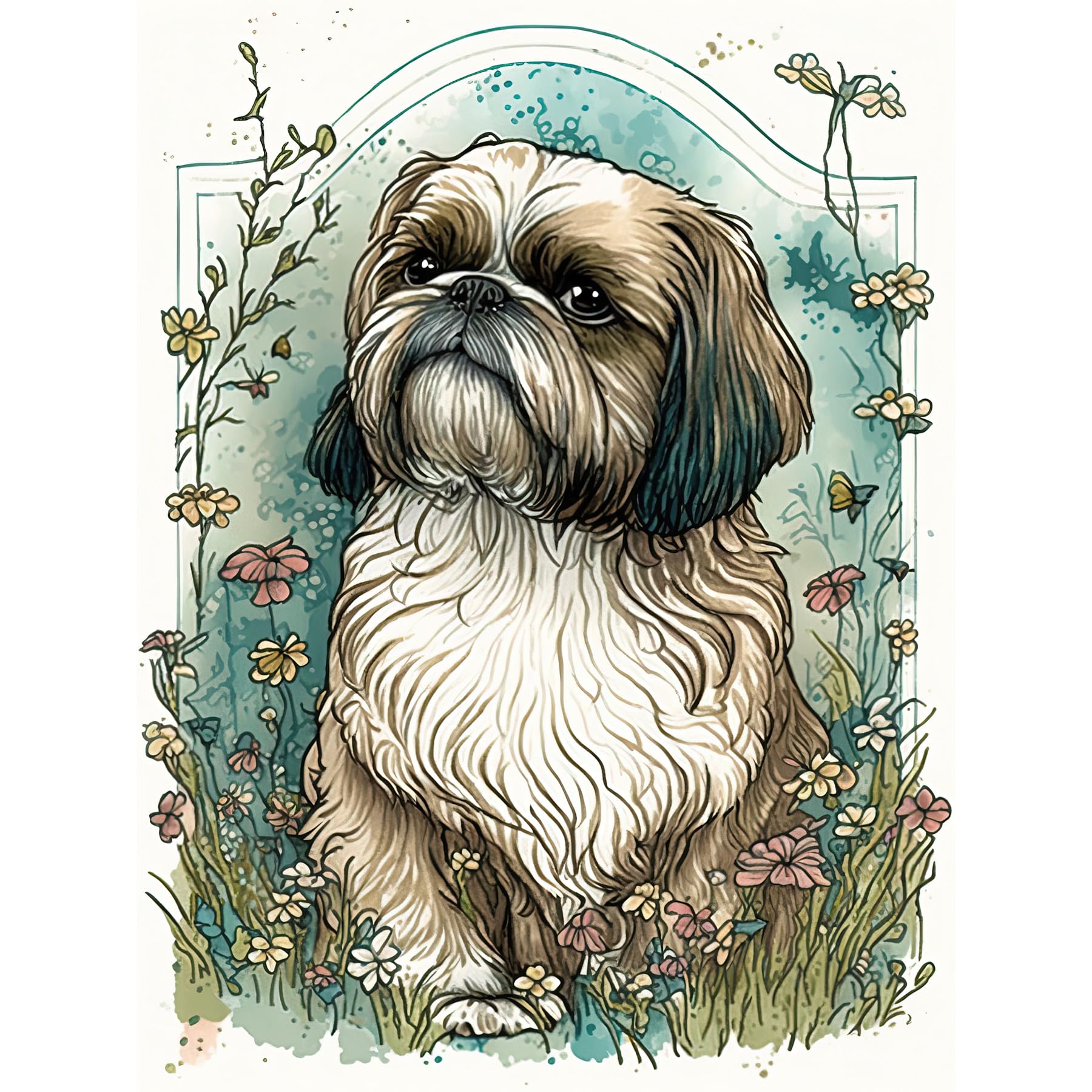 Artery8 Shih Tzu Dog with Wildflowers Modern Art Nouveau Inspired Illustration Extra Large XL Wall Art Poster Print