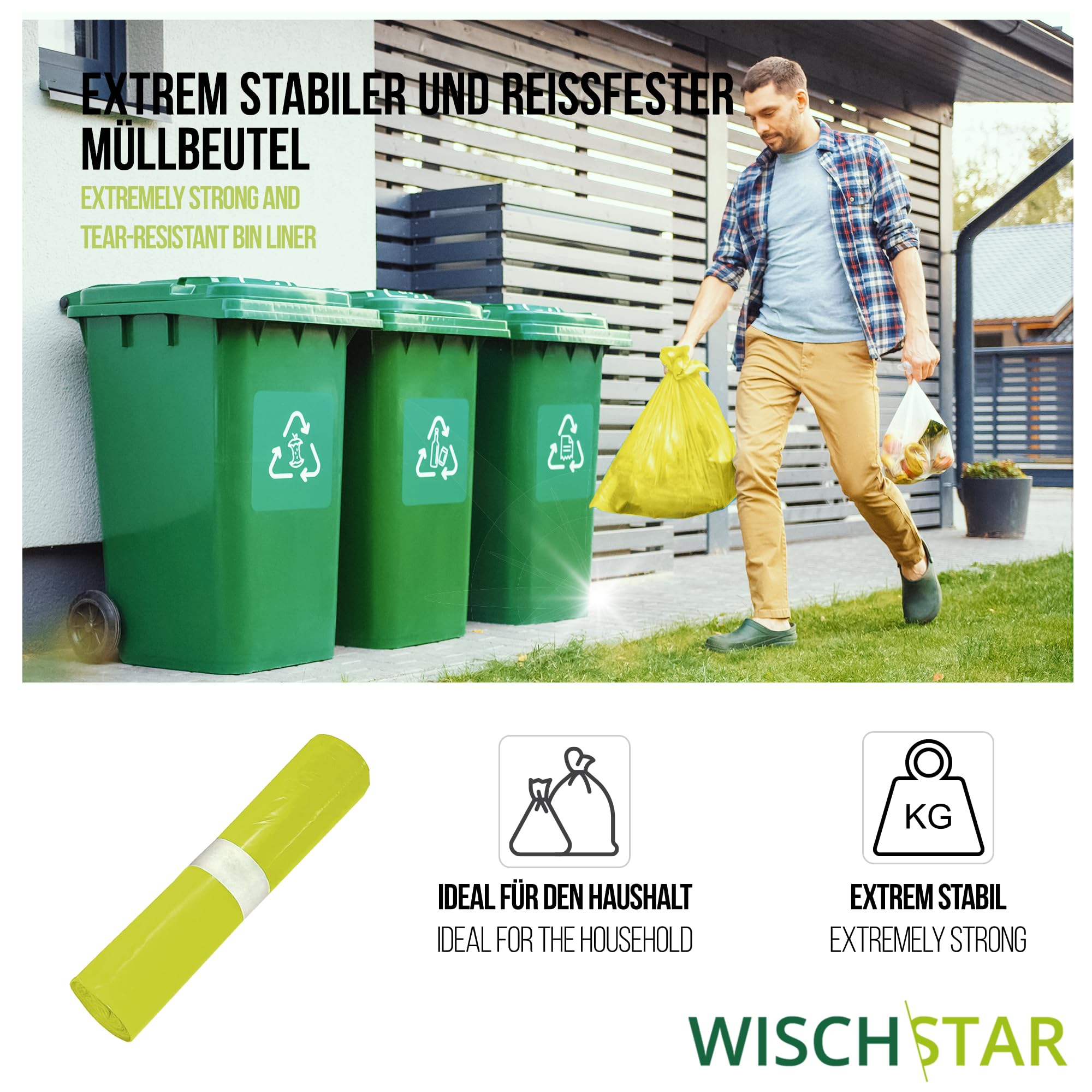 Wisch Star Müllbeutel 120L in Gelb, 10 Rollen à 25 Stück | Mülltüten groß 700x1100mm extra stark, reißfeste und stabile Abfallsäcke, Schwerlast Müllsäcke für hohes Müllaufkommen
