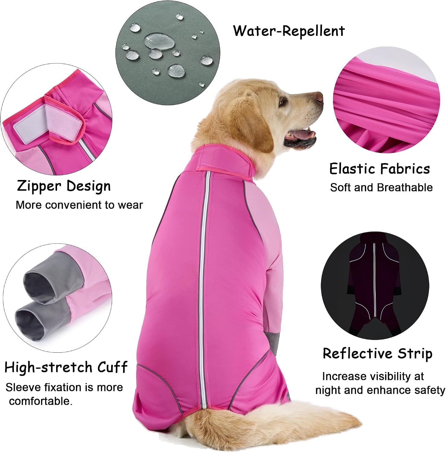 Dog Onesie Coat - Water-Repellent & Stretchable, Dirt-Resistant Outdoor Puppy Suit with Reflective Strips | Controls Shedding | for Small, Medium, Large Dogs (Fuchsia Pink, 6XL(Weight 85-100 lbs))