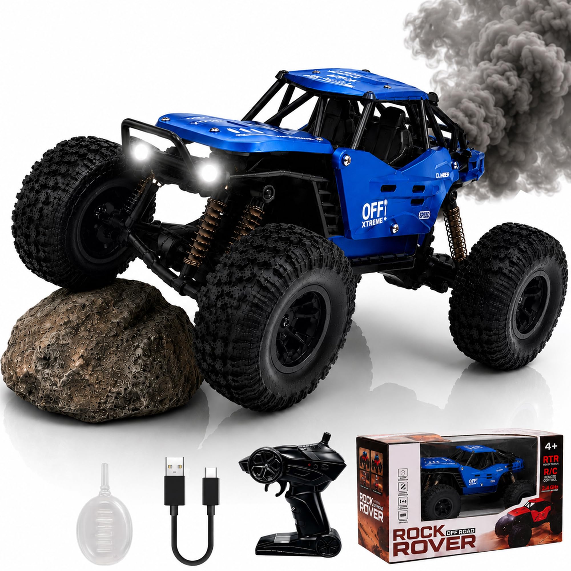 ZIVVY Big Blue Remote Control Car | Rock Crawler | LED Headlight | Rechargeable Battery with Type c Charger | 100m Range | Smoke | Toy Car for Kids & Boys 7-14 Years | Birthday Gift for Kids