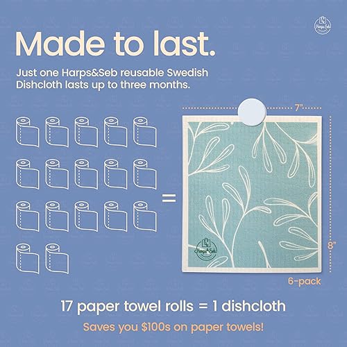 Miniatura 5 de Harps&Seb Paños de cocina suecos reutilizables para cocina, paños de cocina suecos súper absorbentes, lavables con prácticos clips para colgar,