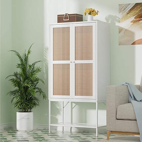 Armoire Wardrobe Closet, Wardrobe Closet with LED Lights/Shelves/Hanging Rod, Rattan Freestanding Wardrobe Cabinet with 2 Doors, Wardrobe Armoire for Bedroom/Apartment (2 Doors White)