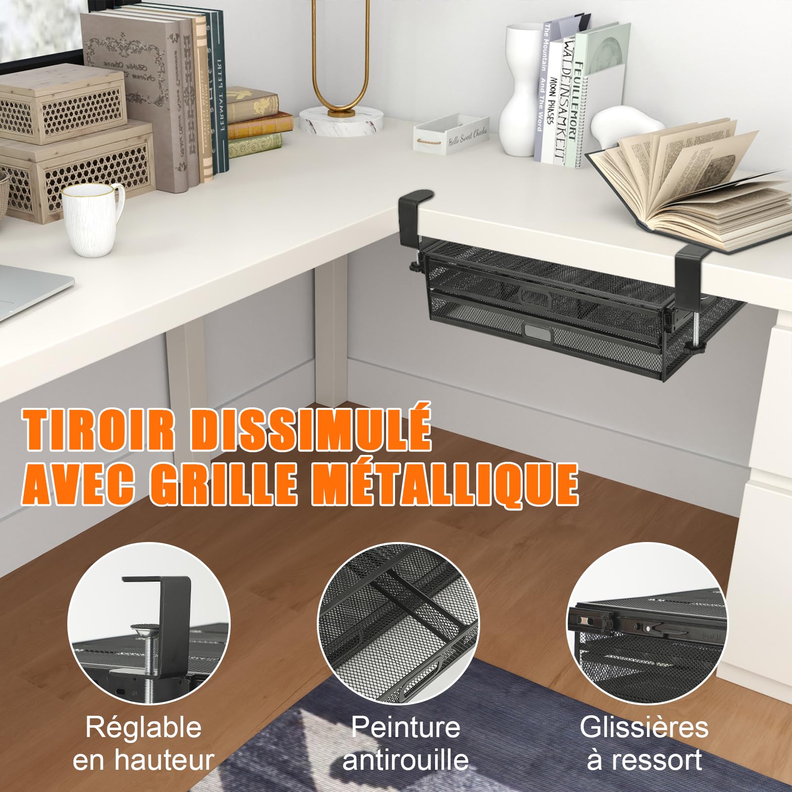 Tiroir coulissant à clipser sous le bureau | Tiroir de table en maille métallique | Rangement sous le bureau | Organiseur de bureau caché pour fournitures de bureau et accessoires de maison
