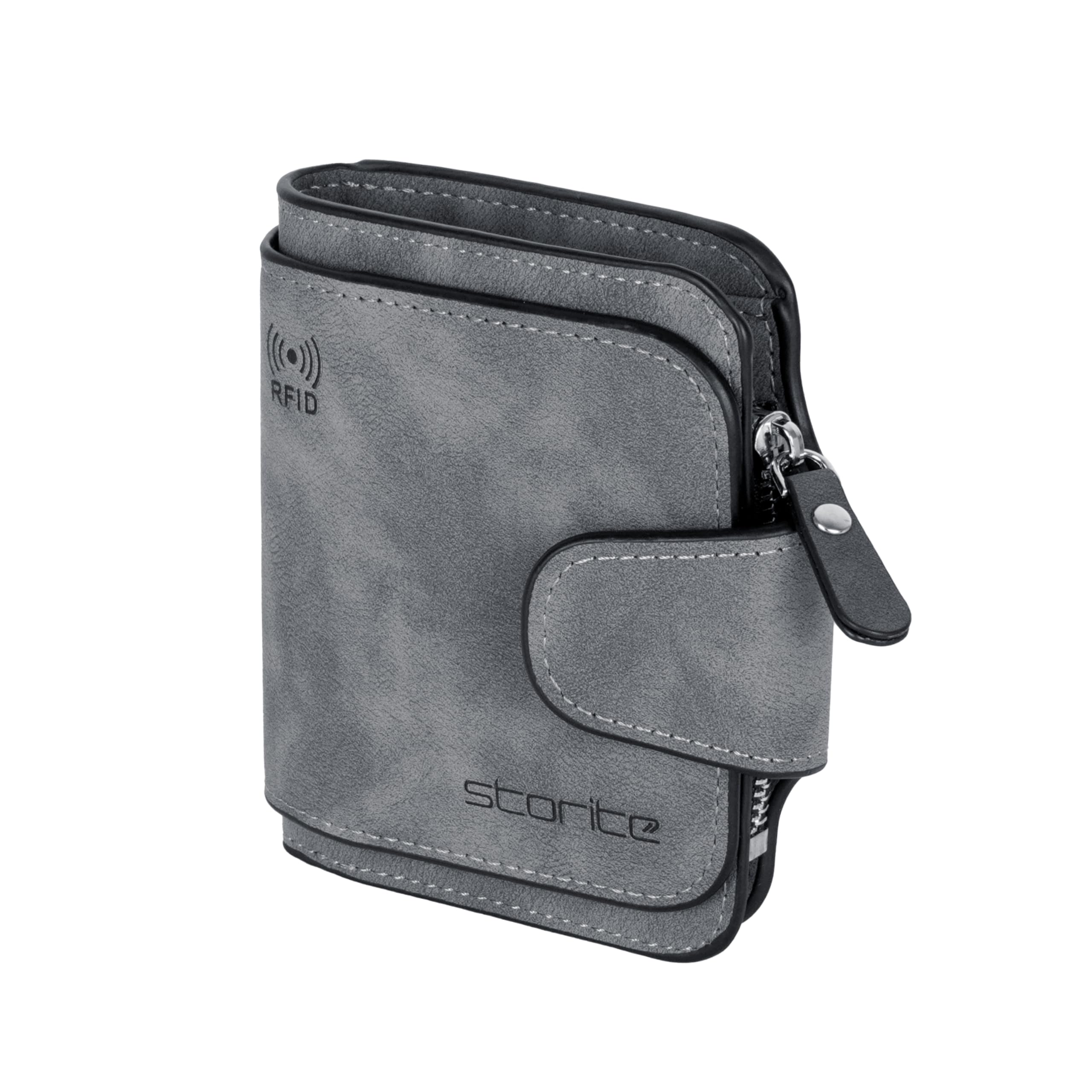 Women's Tri-fold PU Leather RFID Blocking Credit Card Holder Wallet with Button Closure & Coin Pocket - Grey (11.5 x 9.5 x 2 cm)