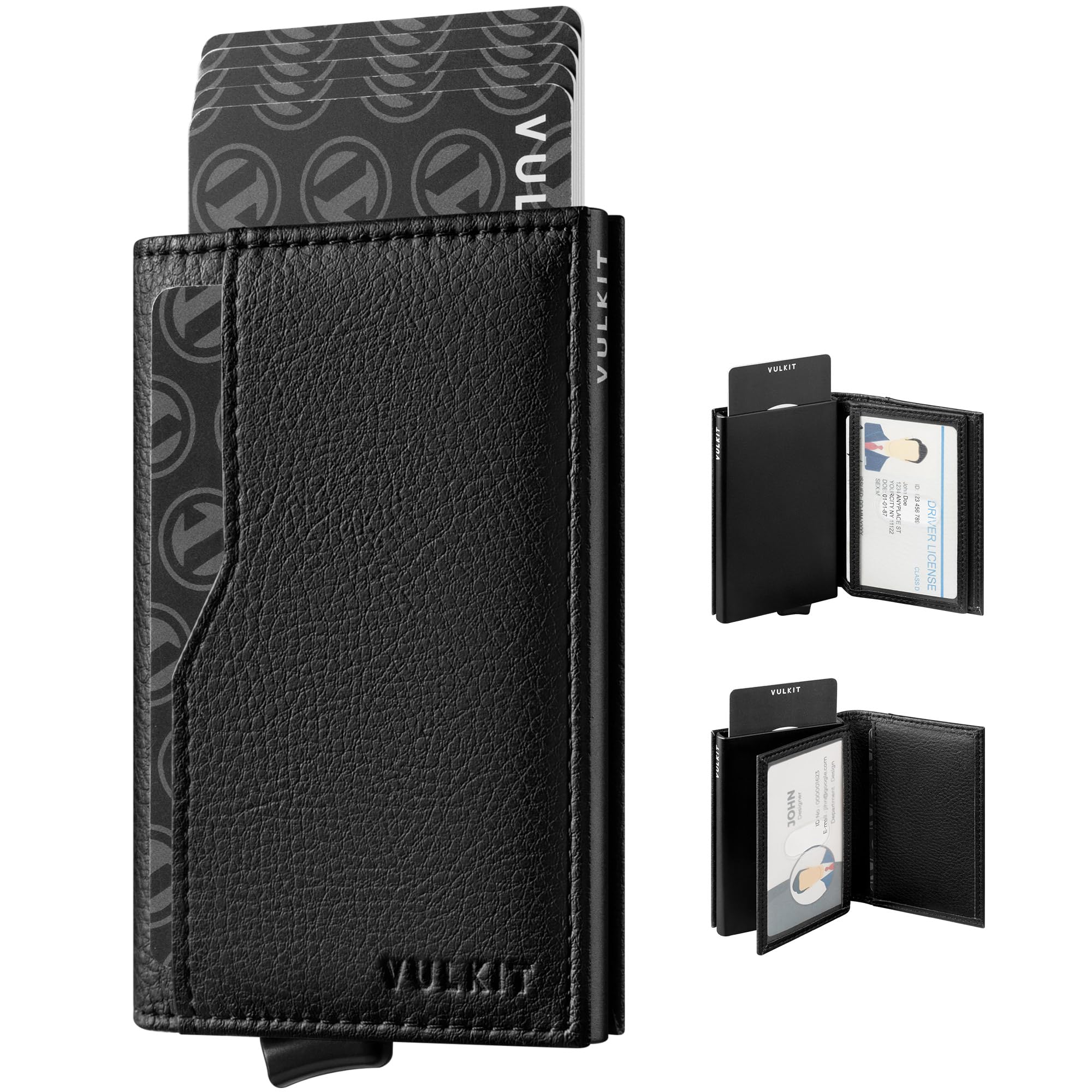 VULKITCredit Card Holder with Double ID Window Leather Passcase Wallet RFID Blocking Automatic Pop Up Card Wallet for Cards & Notes