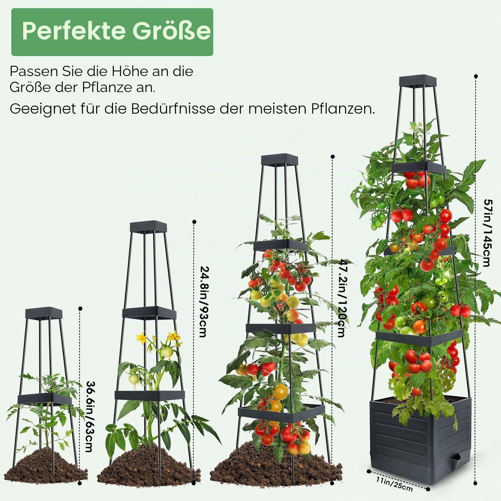 MQUPIN 145cm Tomaten Pflanzkästen, 2 Stück Hochbeet mit Rankgitter zum Klettern von Gemüse, Pflanzen, selbstbewässernde Pflanzkästen für den Außenbereich, verstellbare Rankenstütze